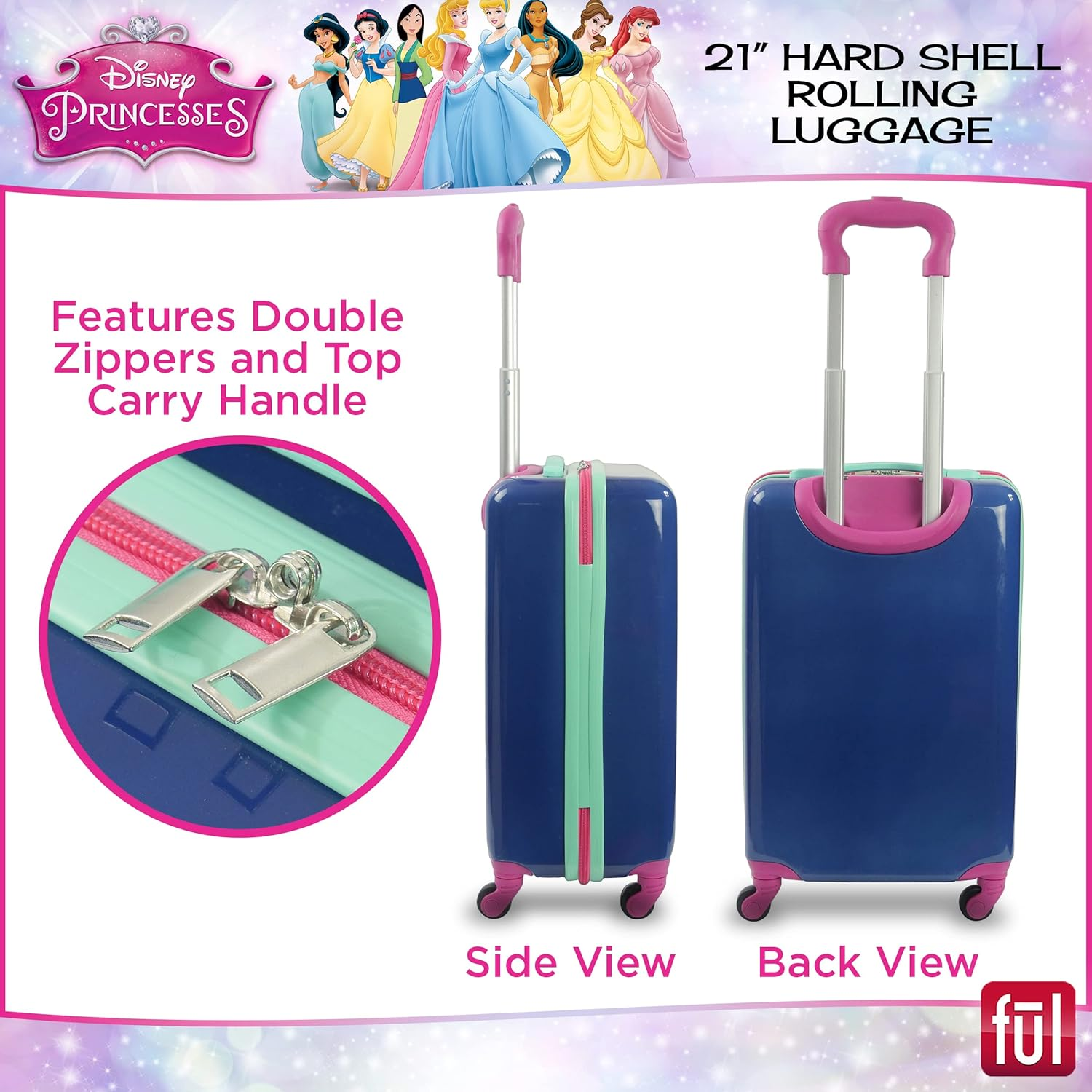 FUL Disney Princess Girl Power Kids Rolling Luggage, Hardshell Carry on Suitcase with Wheels, Blue, Blue, Disney Princess Girl Power Kids Rolling Luggage, Hardshell Carry on Suitcase with Wheels image number 4
