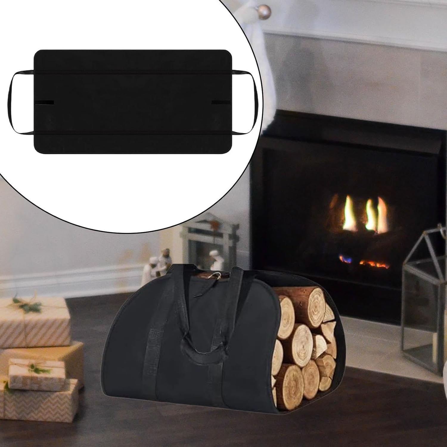 Firewood Carrier Bag, Convenient Storage Bag for Firewood for Barbecues and Camping, Black, as Described - Black image number 4