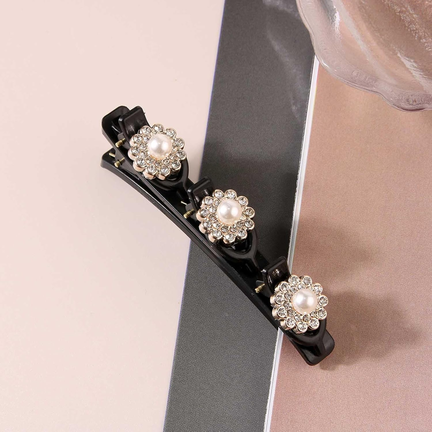 Braided Hair Clips with Sparkling Crystal Stone and 3 Small Clips Beaded Hairpin Duck Bill Clip Braided Hair Clip with Rhinestones for Women as a Gift (Style: G) image number 6