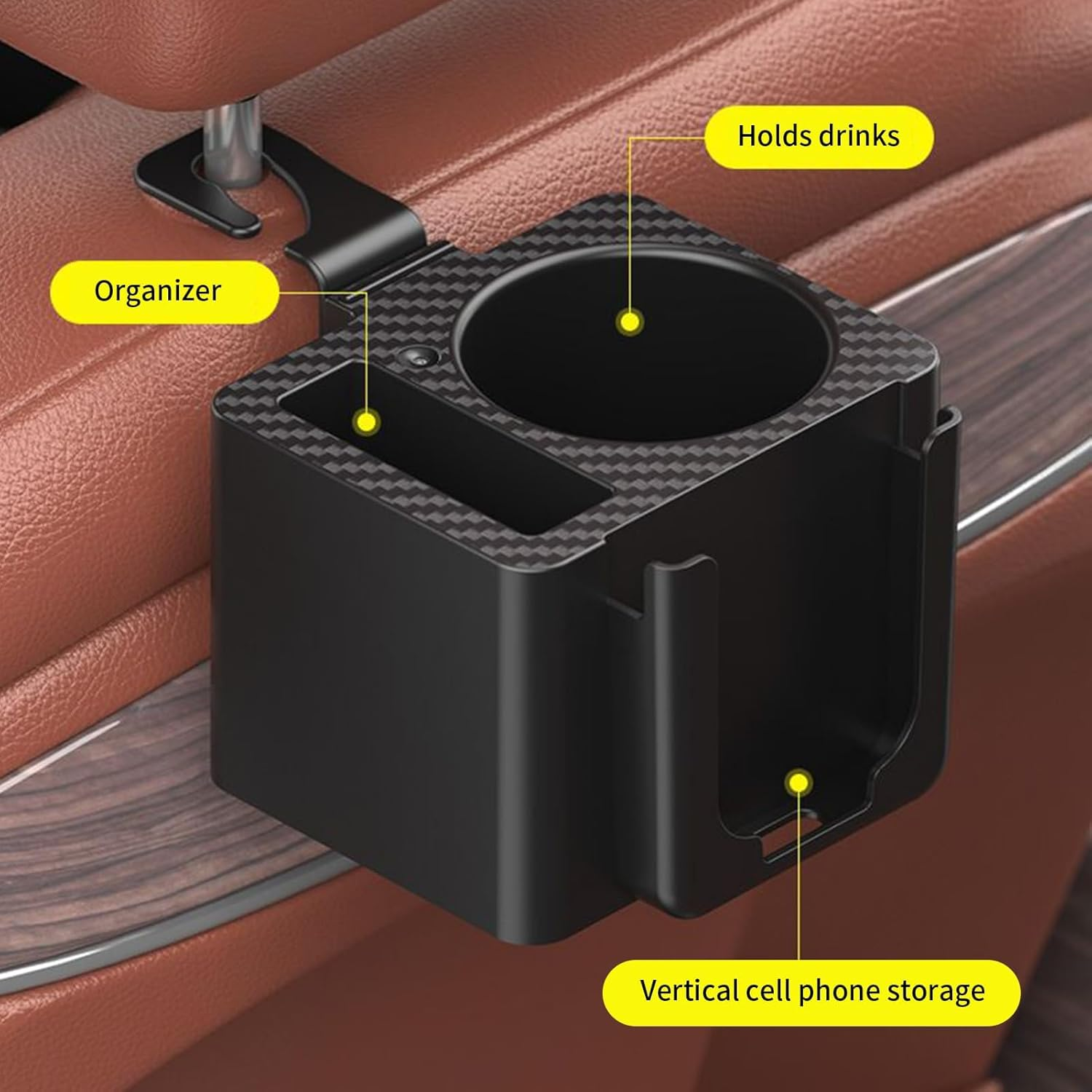 Cup Holder for the Back Seats in the Car, Headrest Drink Holder, Storage Hook, Organiser with Drink Holder & Tray for Snacks and Travel Utensils in the Rear Area image number 1
