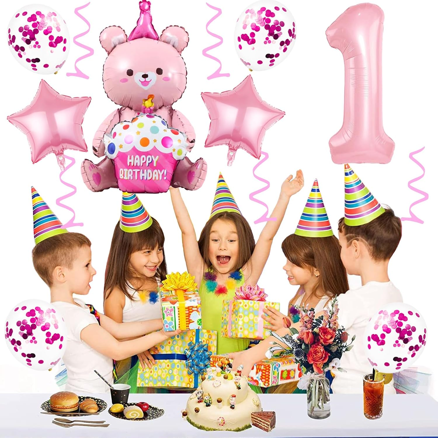 Weenkeey 1St Bear Birthday Balloons Giant 4D Bear Aluminum Foil Balloon Number 1 Mylar Balloon Bear Hug Cake Balloon for Bear Theme Party Supplies Girls Birthday Baby Shower D&eacute;cor image number 2