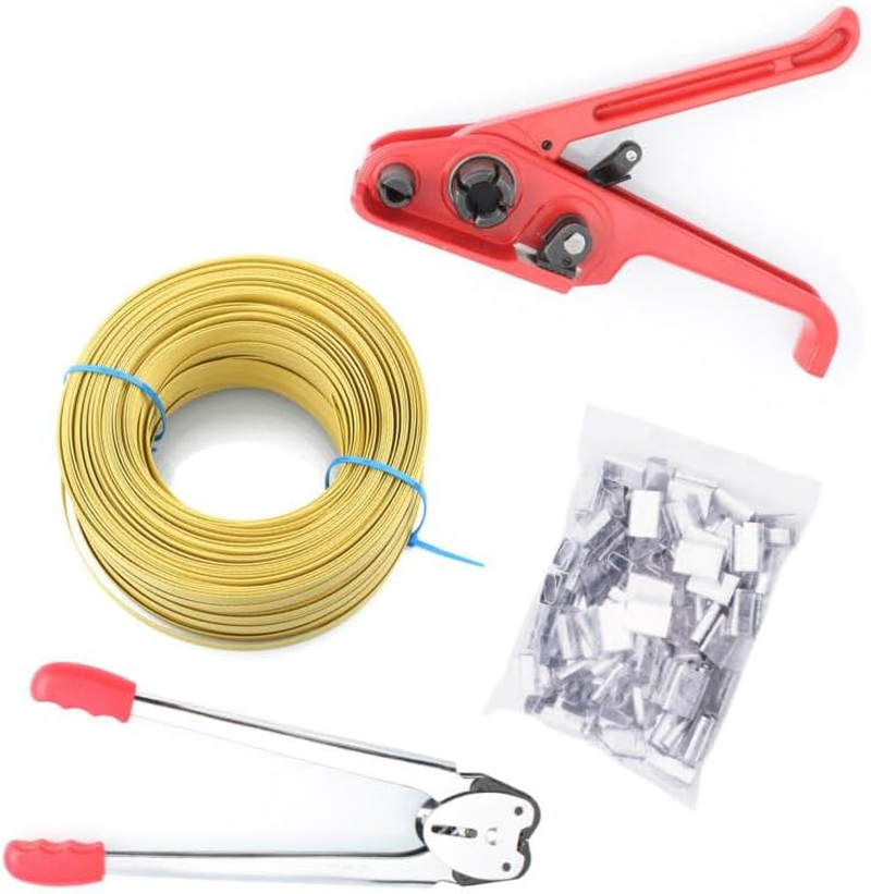 Pallet Banding Packaging Strapping Straps Kit, Tensioner Tool Sealer Strapping Heavy Duty PET/PP Banding Machine Package Tool with 100M Packing Belt & 50Pcs Strapping Buckles Kits for Strap Width 1/2"