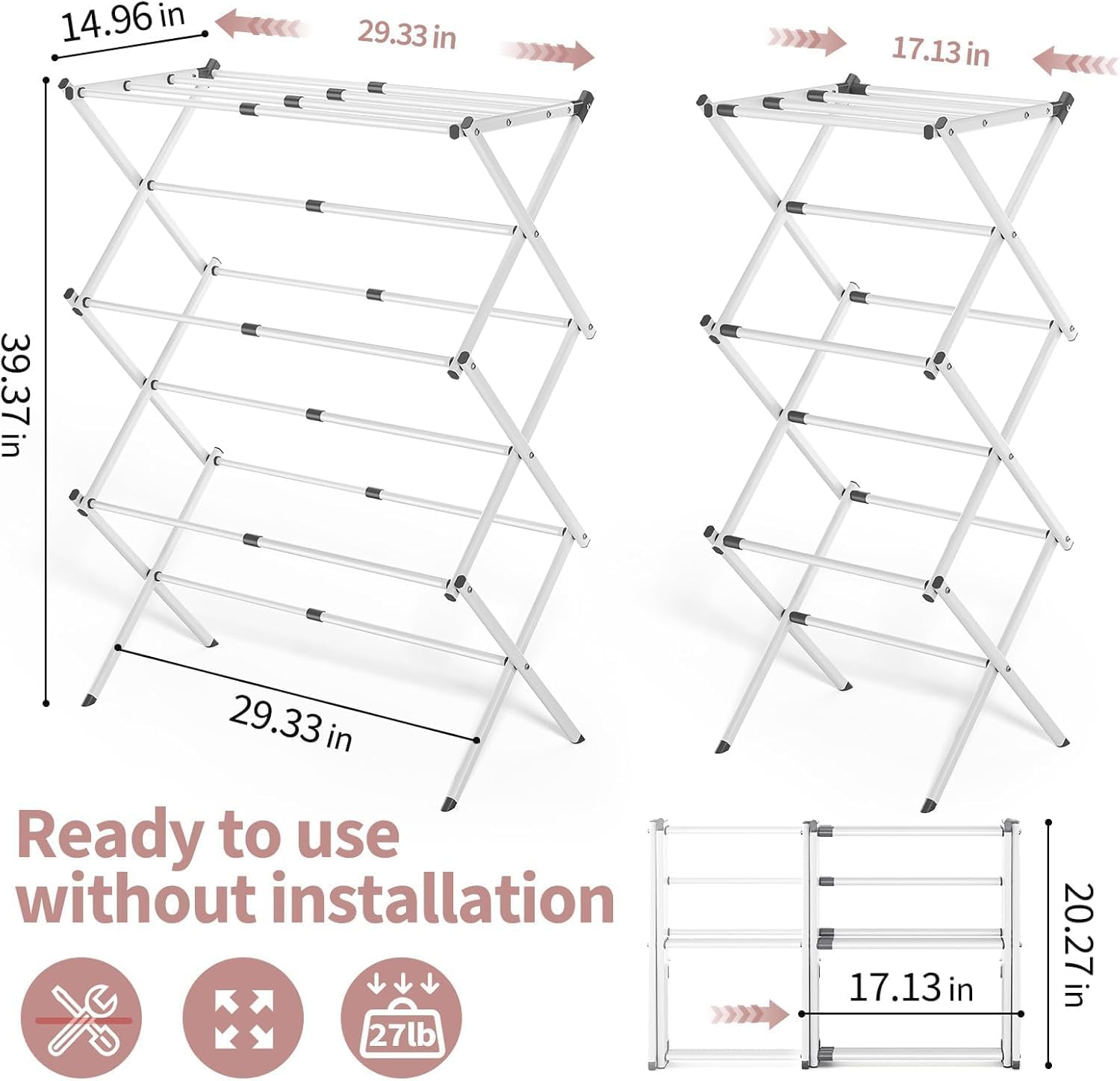 Misenfar 3-Tier Laundry Drying Rack, Expandable Metal Clothes Dryer, Collapsible Towel Rack, Air Drying Rack, Indoor/Outdoor Use (White)