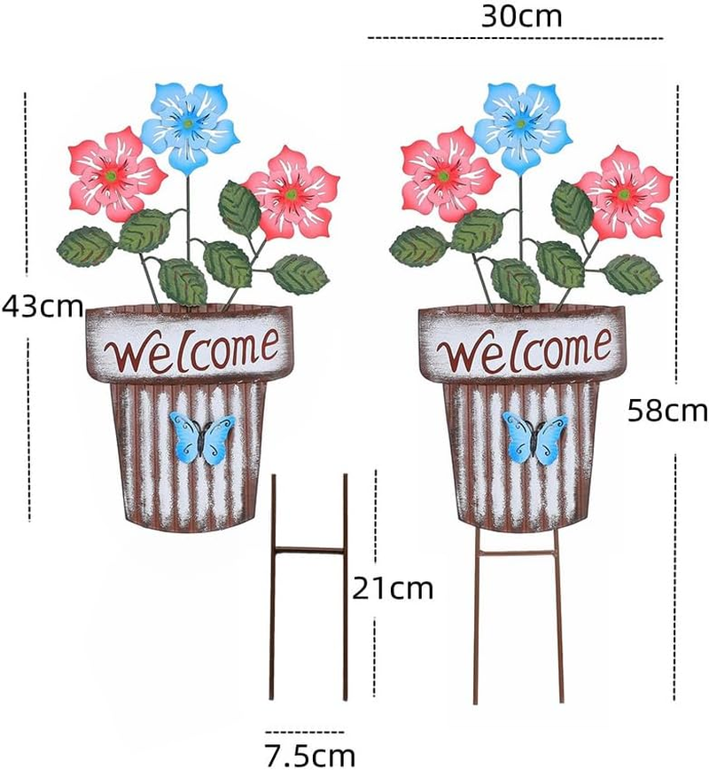 Decorative Garden Stakes, Metal Flower Pot Garden Decor, Welcome Yard Signs for Outdoor Lawn Backyard Patio Porch Pathway Decorations image number 3