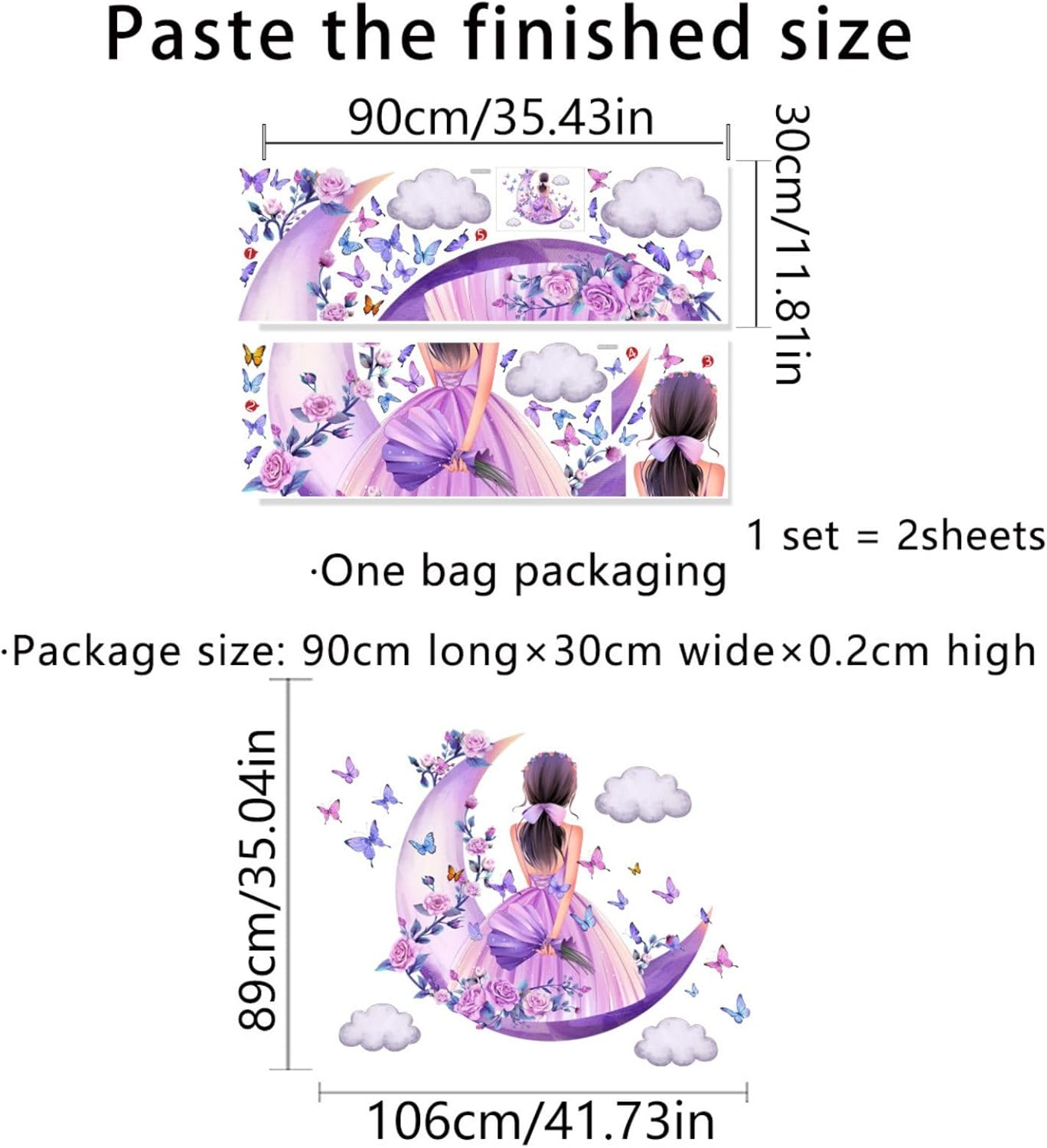 Butterfly Girl Wall Sticker, Moon Clouds Flower Fairy Wall Decal, Pink Floral Photo Wallpaper, Colourful Butterflies Wall Decoration, Wall Art for Girls, Baby, Children'S Room, Bedroom image number 6