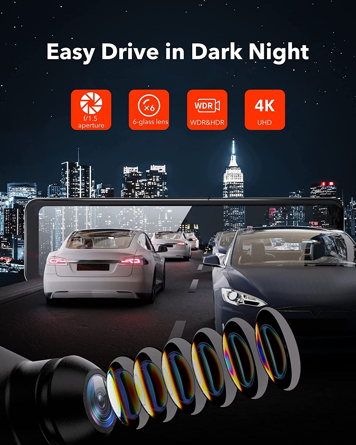 REDTIGER Mirror Dash Cam Backup Camera 11''UHD 4K Front and 1080P Rear View Mirror Dual Cameras for Cars,Gps,Night Vision,Smart Reverse Parking Assistance,Touchscreen,Included 32GB Card image number 3