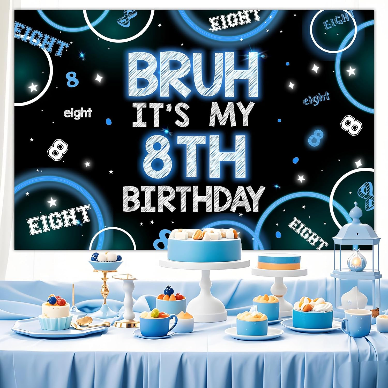 Wonmelody Bruh It&rsquo;S My 8Th Birthday Decor 4.92*3.28Ft Bruh It&rsquo;S My 8Th Birthday Backdrop Banner Blue Black 8Th Birthday Decor for Boy Happy 8Th Birthday Party Supplies Eight Years Old Photo Booth Prop image number 4