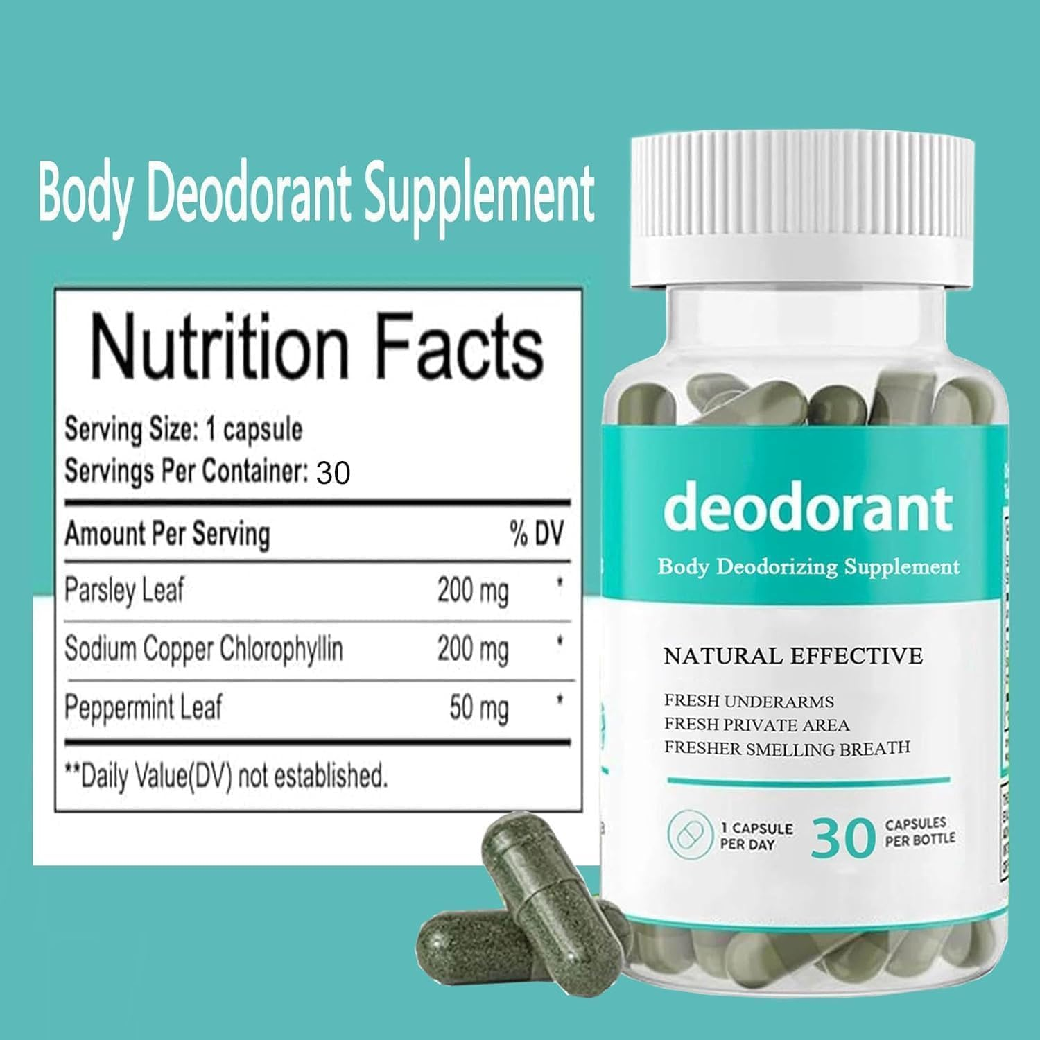 Body Deodorizing Supplement,Body Deodorizer Capsules,Body Deodorant Supplement,Body Deodorant,30 Capsules/Bottle