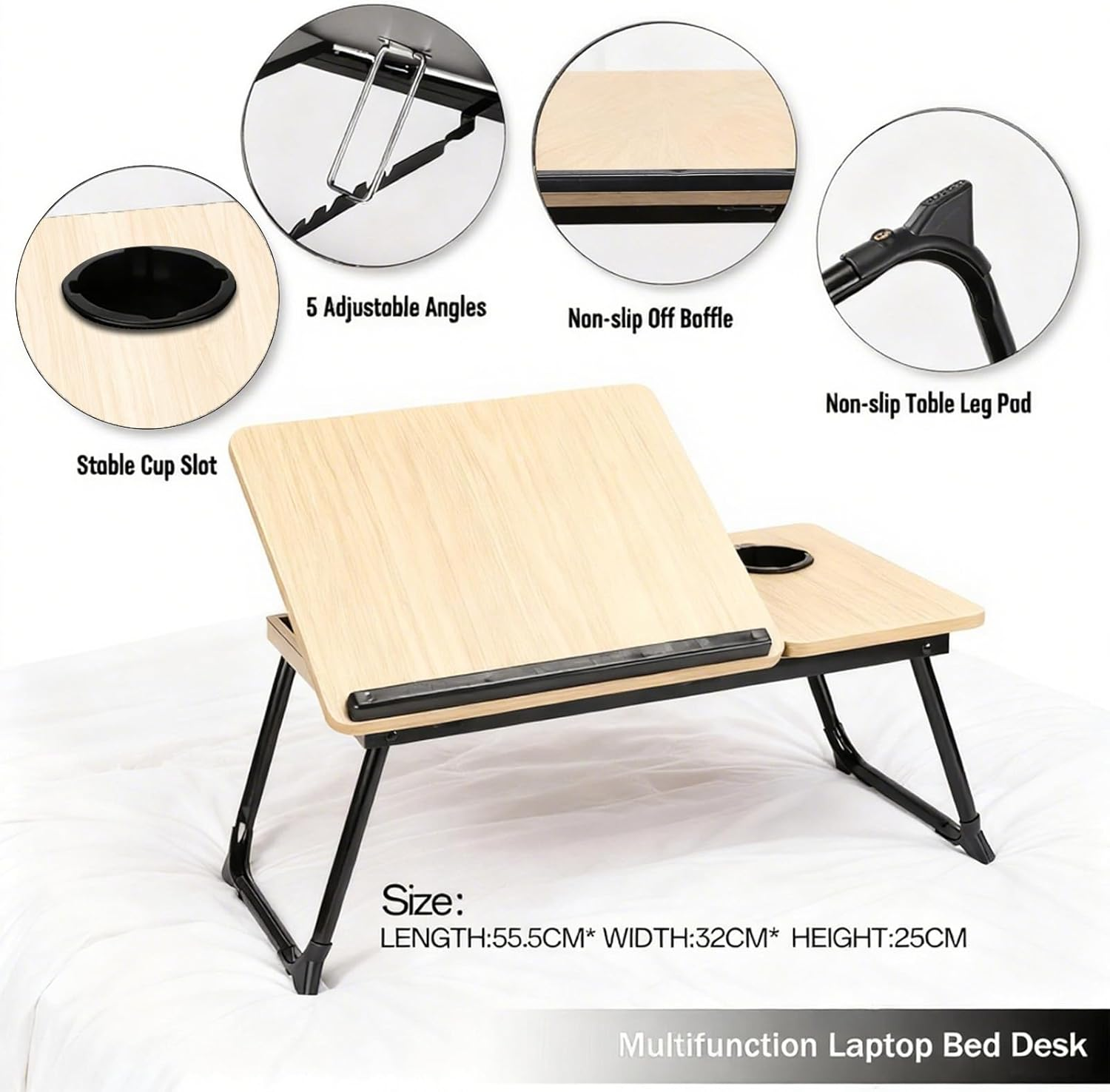 Adjustable Laptop Desk for Bed, 5-Angle Portable Lapdesk with Non-Slip Bar & Feet, Lightweight Lap Tray Table for Working/Eating/Reading, Includes Cup Holder (Natural Wood) image number 2