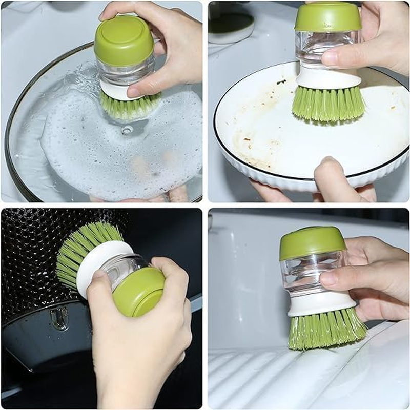 3-In-1 Soap Dispensing Cleaning Palm Brush,1Pc Soap Dispensing Palm Brush,Kitchen Cleaning Brush Liquid Addition Soap Brush,Press Cleaning Brush Kitchen Pot Cleaning Brush with Soap Dispenser,Green - Grey image number 4