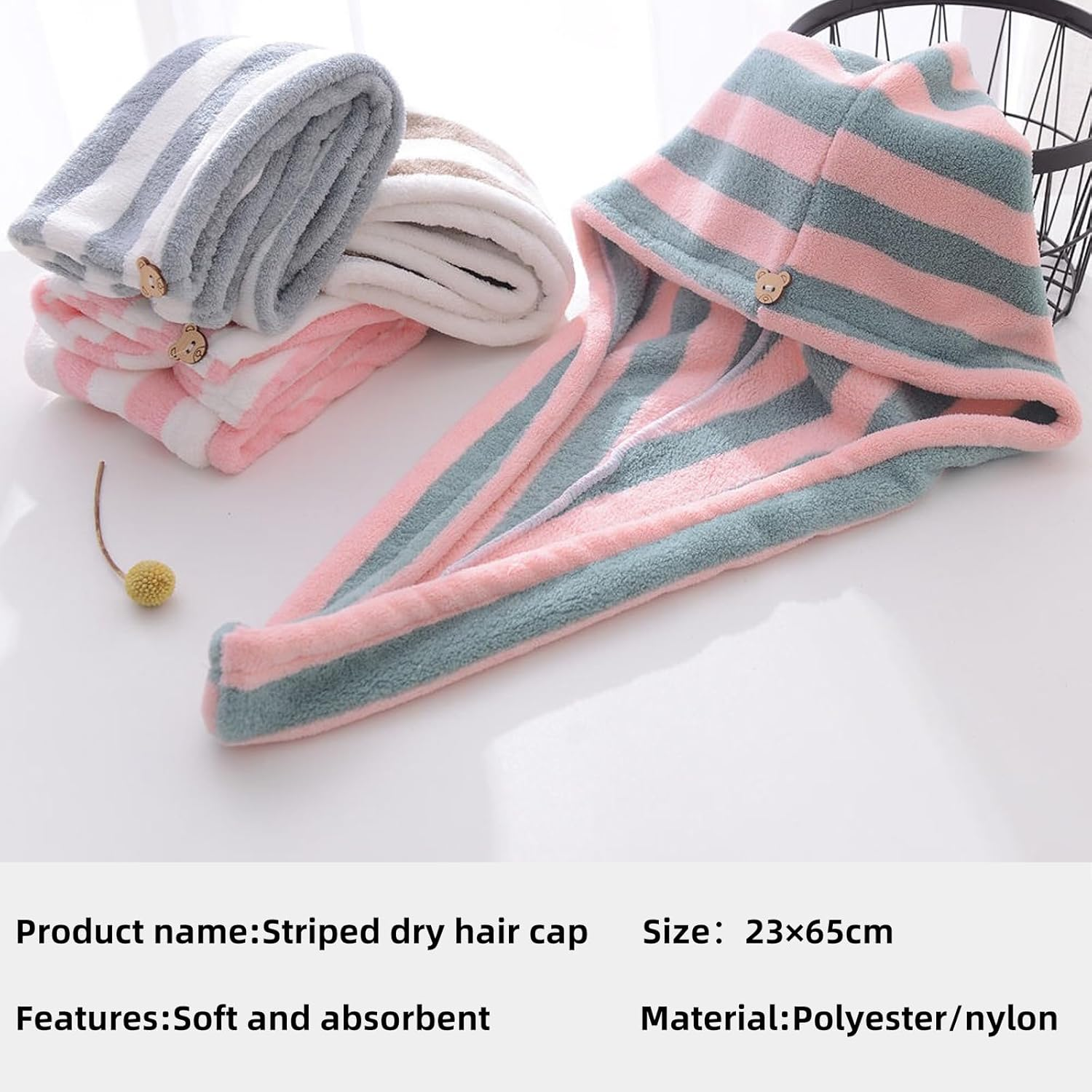 Hzqzaoan 2Pcs Fast Dry Microfibre Hair Towel - Hair Towel Wrap for Women | Super Absorbent Microfiber Towel with Button for Quick Drying & Gentle Hair Care (Pink+White/Pink+Lavender Stripes) - Pink+White/Pink+Lavender Stripes image number 3