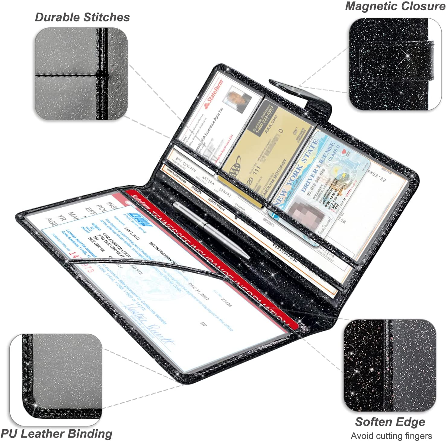 Rsaquar Car Registration & Insurance Holder, Glove Box Organizer for ID, Driver'S License Cards & Essential Documents, Men & Women, AAA Glitter Black, Large, Bling - Aaa Glitter Black image number 2