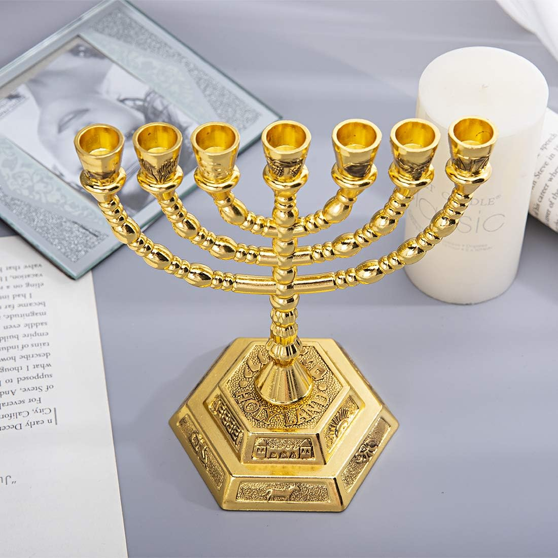 YU FENG 7-Branch Menorah Candle Holder for Shabbat,Tabernacle, Home Decor Ornaments Table Centerpiece Display(Light Gold) - Light Gold image number 4