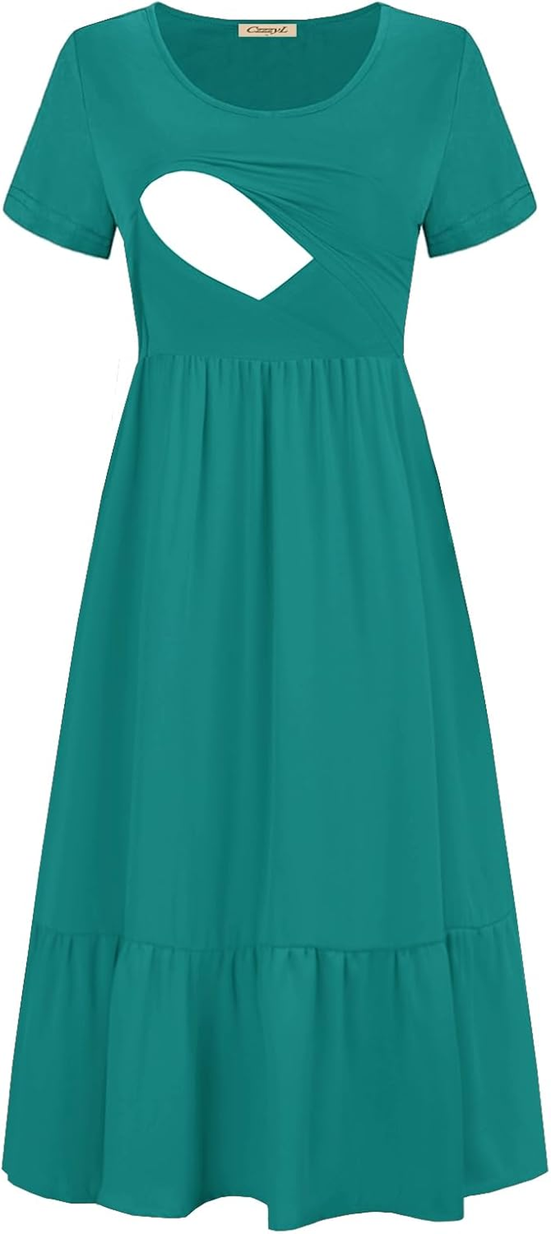 Women Nursing Short Sleeve Crew Neck Fall Dress Maternity Flowy Maxi Dresses Tiered Cocktail Dress with Pockets image number 6