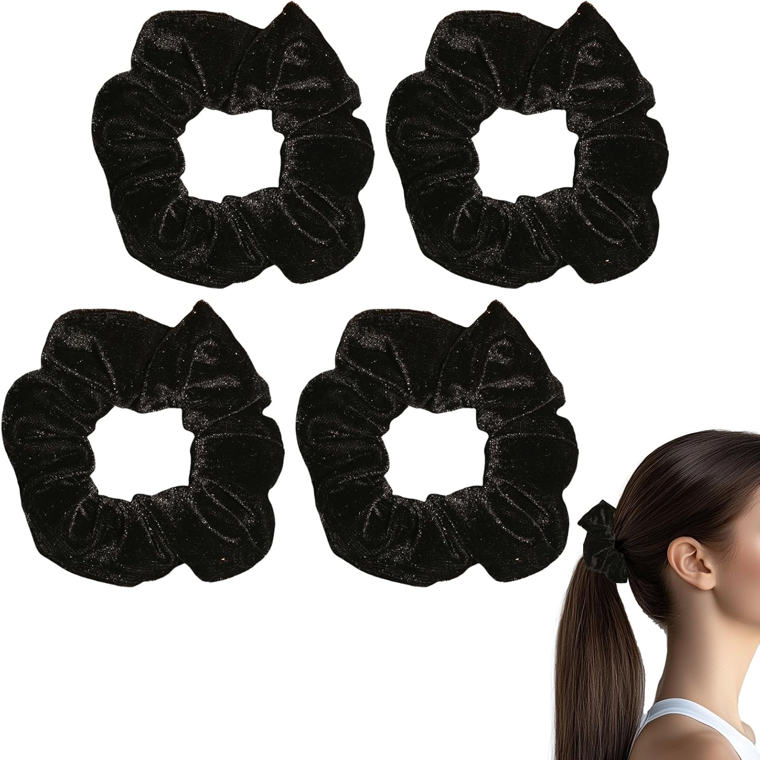 Pack of 4 Scrunchies Hair Scrunchies Black Velvet Fabric Scrunchie Hair Scrunchie Velvet Hair Thick Scrunchie Hair Band Elastic Use Women'S Large Hair Scrunchie Material Is Soft and Pulling image number 3