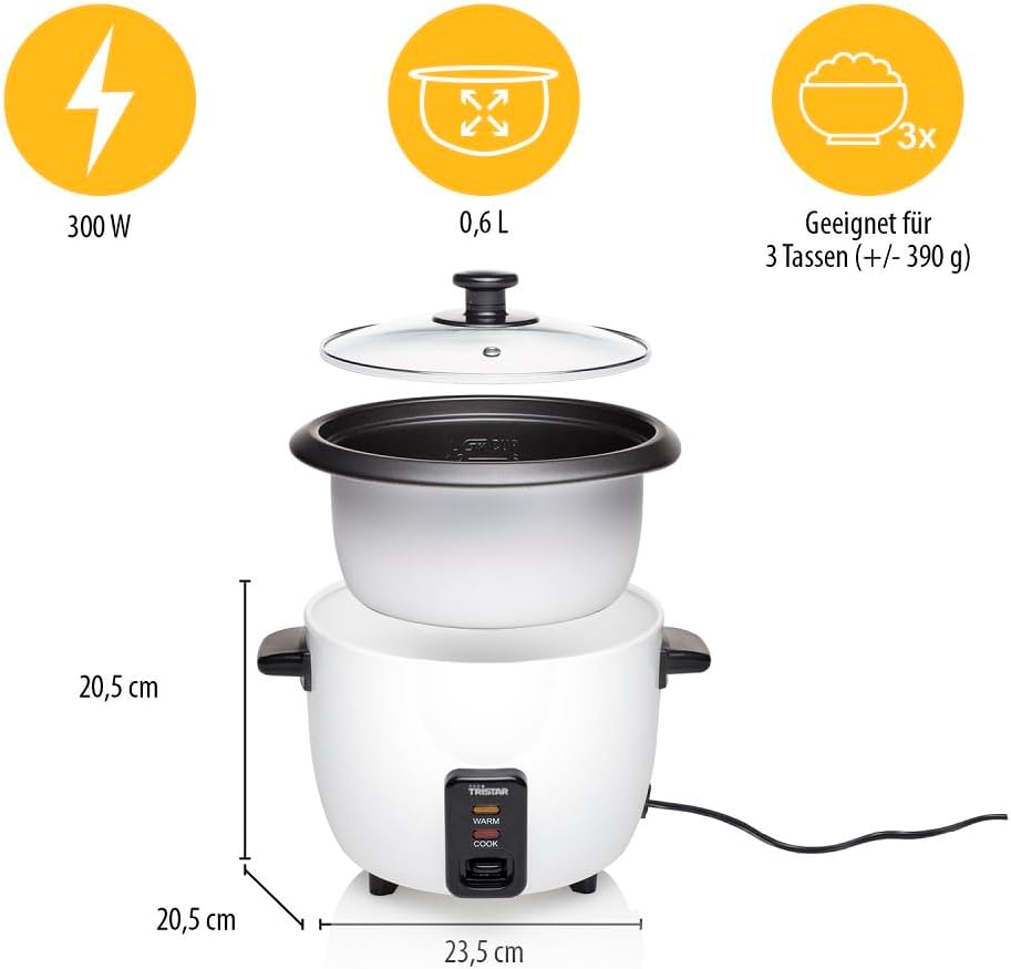 Tristar RK-6117 Rice Cooker, 0.6 Litres, Keep Warm Function, 300 W, 0.6 L, 18 X 18 X 18 Cm, Black, White image number 6