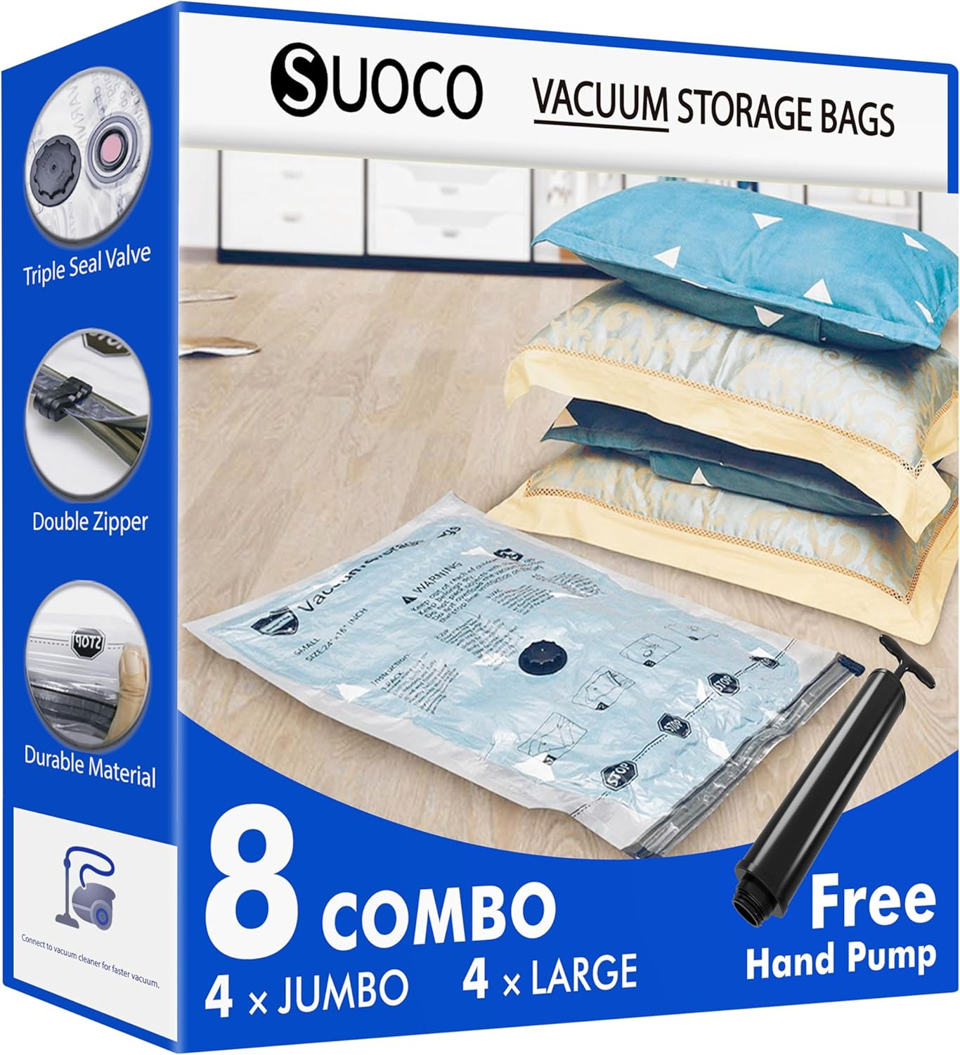 Vacuum Storage Bags 8 Jumbo Plus, Space Saver Bags with Travel Hand Pump, Compression Airtight Sealer Bags for Clothes, Bedding, Pillows, Comforters, Blankets image number 4