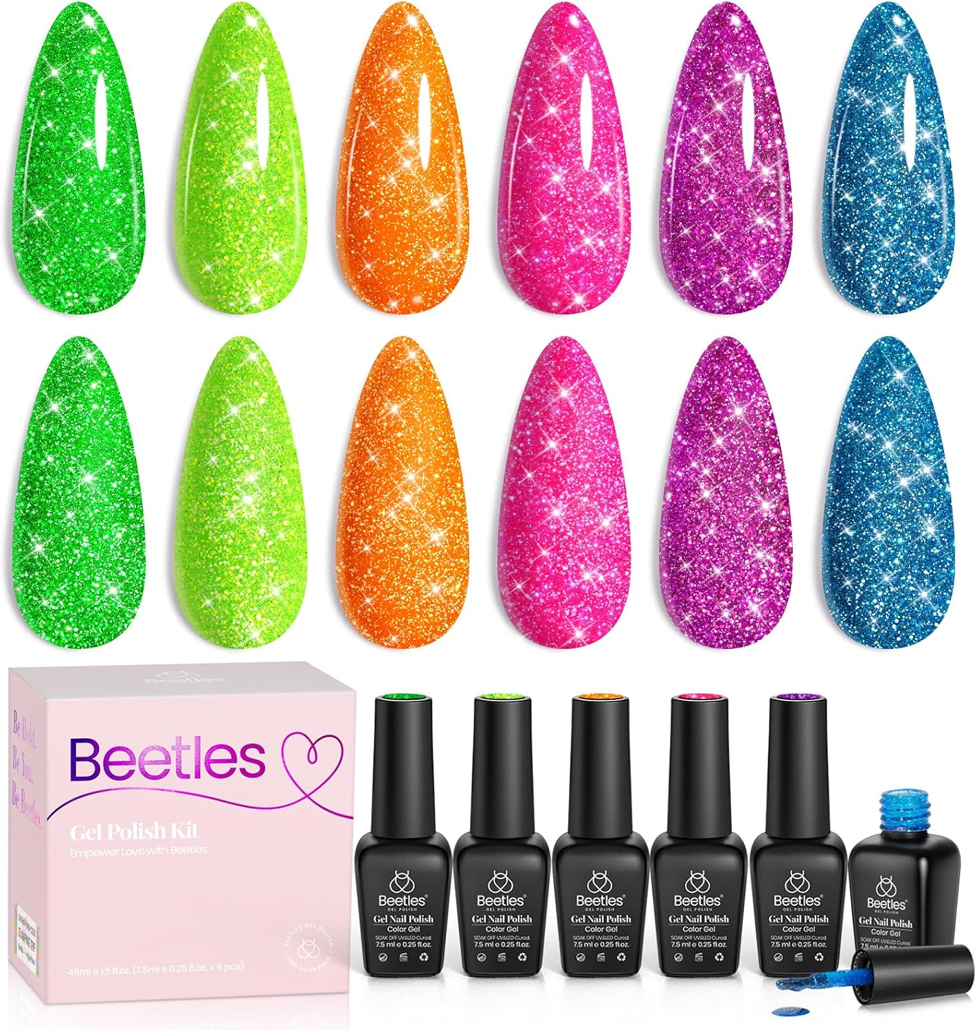 Beetles Gel Polish Reflective Glitter Gel Polish Set 6 Colors Neon Gel Nail Polish Set Nails Gel Orange Hot Pink Purple Gel Polish Soak off Uv Led Gel Nail Kit Nails Nail Art Manicure Women Pink image number 1