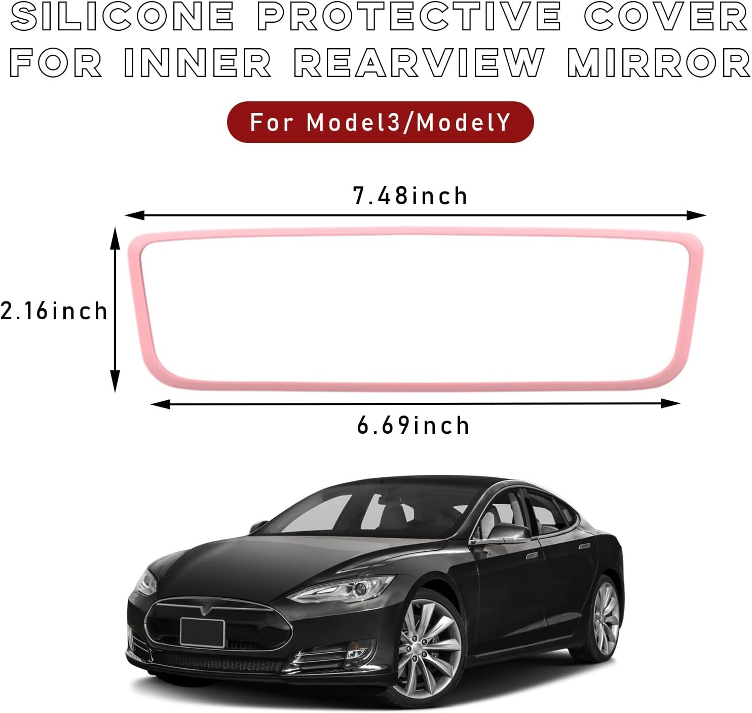 Ohleats Car Rear View Mirror Protector Frame, Silicone Auto Rearview Edge Protection Cover Compatible with Model 3 Model Y, Interior Rear View Trim Frame Decoration, Car Accessories (Pink) - Black image number 5