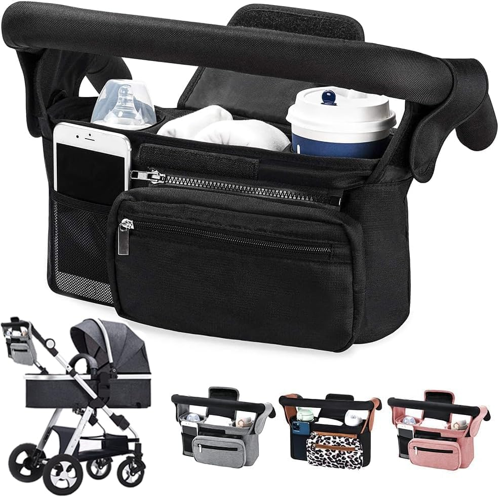 BLAZDEVE Baby Stroller Organizer with Insulated Cup Holder, Large Storage Space Stroller Bag with Detachable Phone Bag and Shoulder Strap for Uppababy, for Baby Jogger, for Britax (Pink)