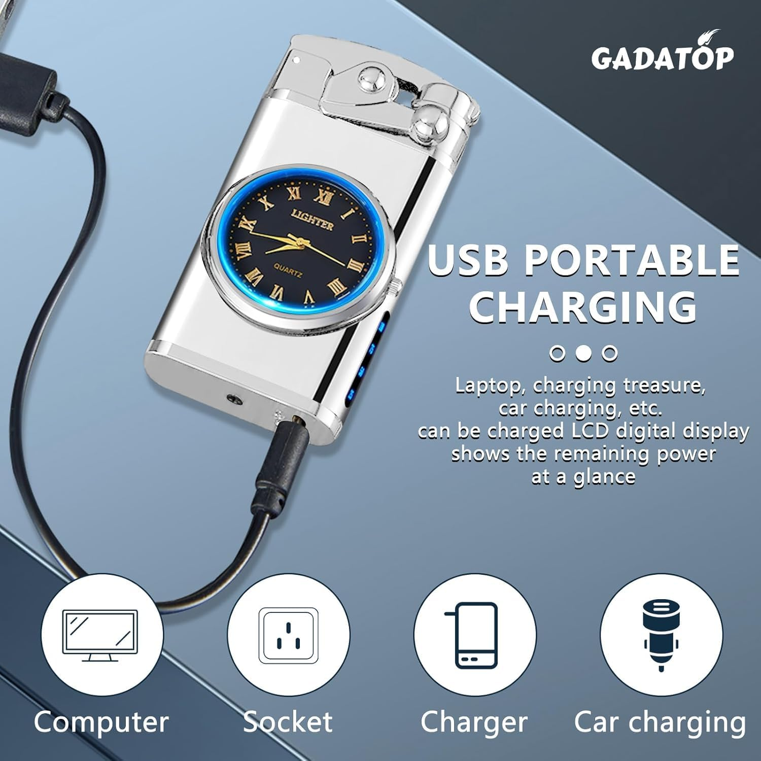 Electric Lighter Personalized Creative Lighter USB Rechargeable Lighter Flameless Lighter Windproof Dual Arc Plasma Lighters with Luminous Real Watch Dial LED (Silver)