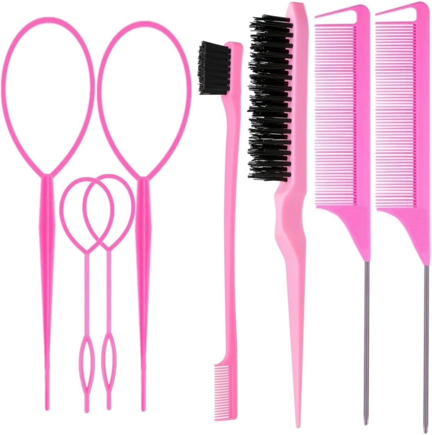 French Braid Loop Tool with Rat Tail Combs, 8Pcs Tail French Braid Loop Tool with Rat Tail Comb, Quick Hair Looping Braid Loop Ponytail Tail Tools for Girls and Women, Pink