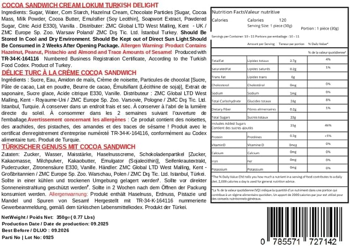 Mughe Gourmet Cocoa Cream Turkish Delight 350G Gift Metal Box with Chocolate Cookie Crumble Filling - Premium Rolled Lokum image number 1