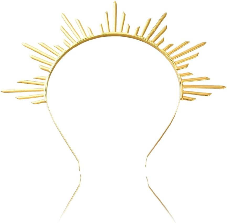 2Pcs Gold Sun Goddess Halo Crown Renfaire Sunburst Zip Tie Spikes Angel Celestial Headband Cosplay Costume Renaissance Headpiece Hair Bands for Women Halloween Wedding Party Hair Accessories image number 3