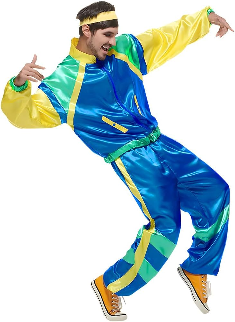 AUTOWT 70S 80S Shell Suit, Men Women Lightweight Long Sleeve Tracksuit, Retro Color Block Hip Hop Windbreaker Disco Costume for Rock Festivals Carnival Parties Mardi Gras No Accessory