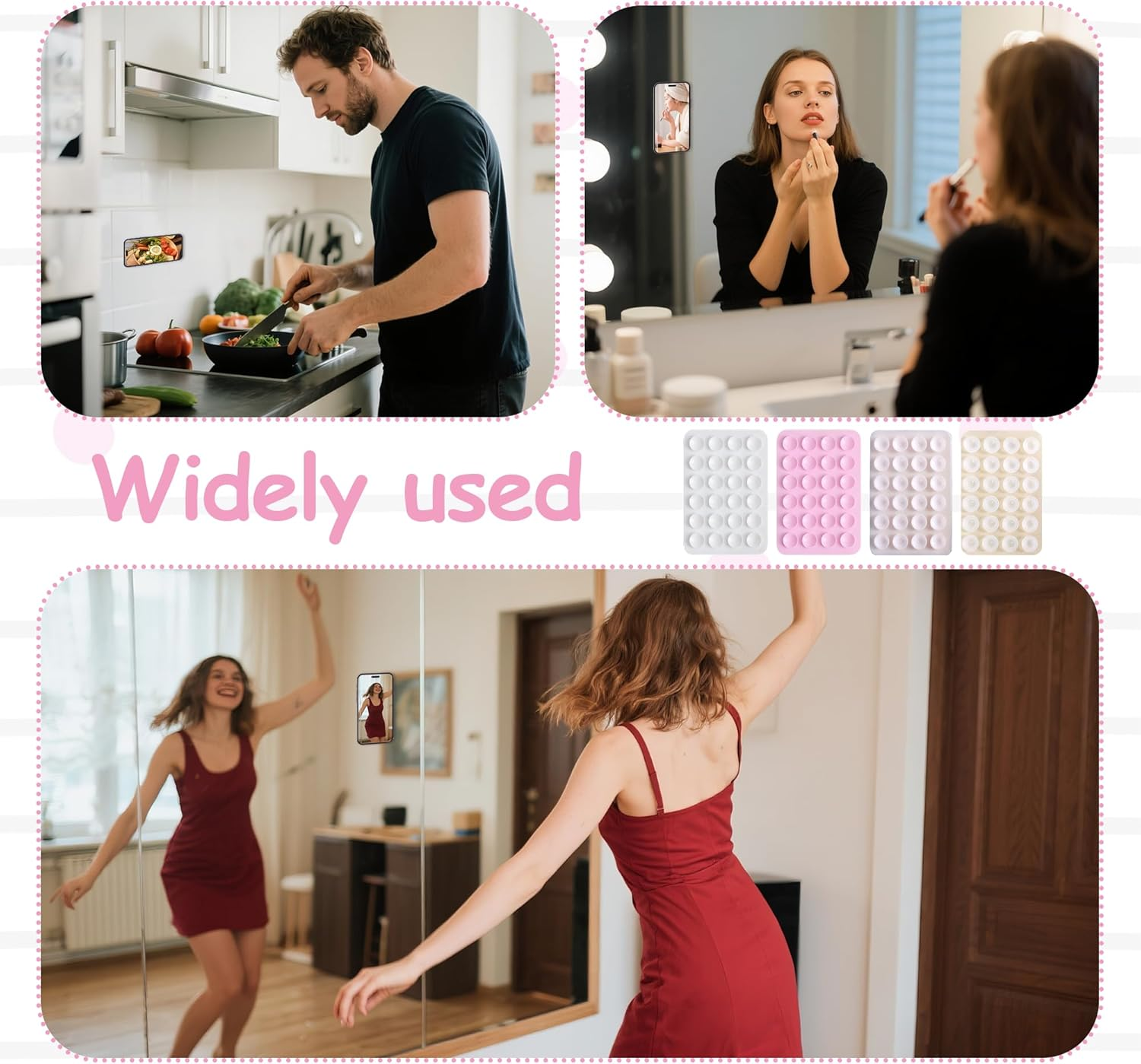 Octobuddy 4 Pack Silicone Suction Phone Case Mount Sticky Phone Grip Suction Holder for Wall Multipurpose Grip Holder for Wall (Transparent White Pink Light Pink) image number 2