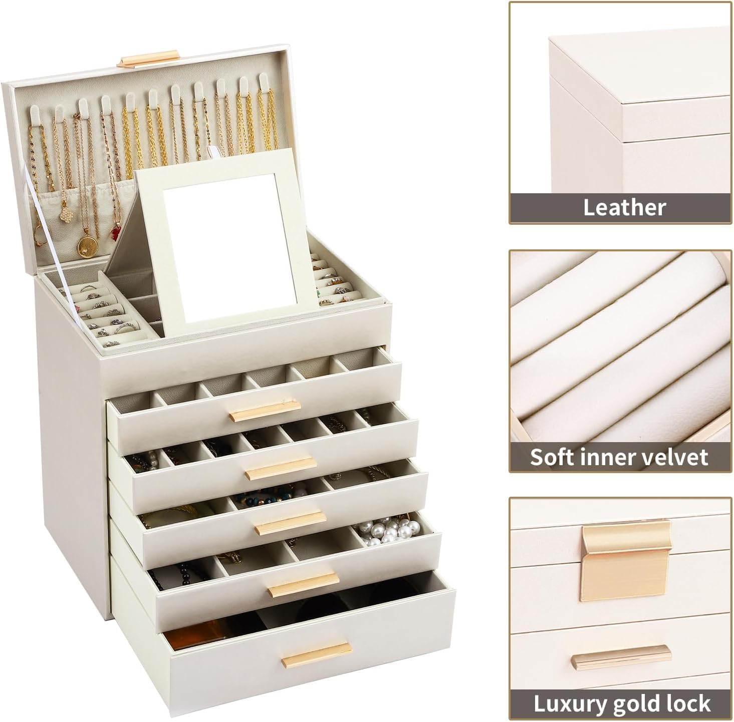 Large Jewelry Organizer Box for Women with Mirror &ndash; 6-Layer Storage Case with Drawers, Hooks & Dividers for Rings, Necklaces, Bracelets, Ideal for Women (White) image number 3
