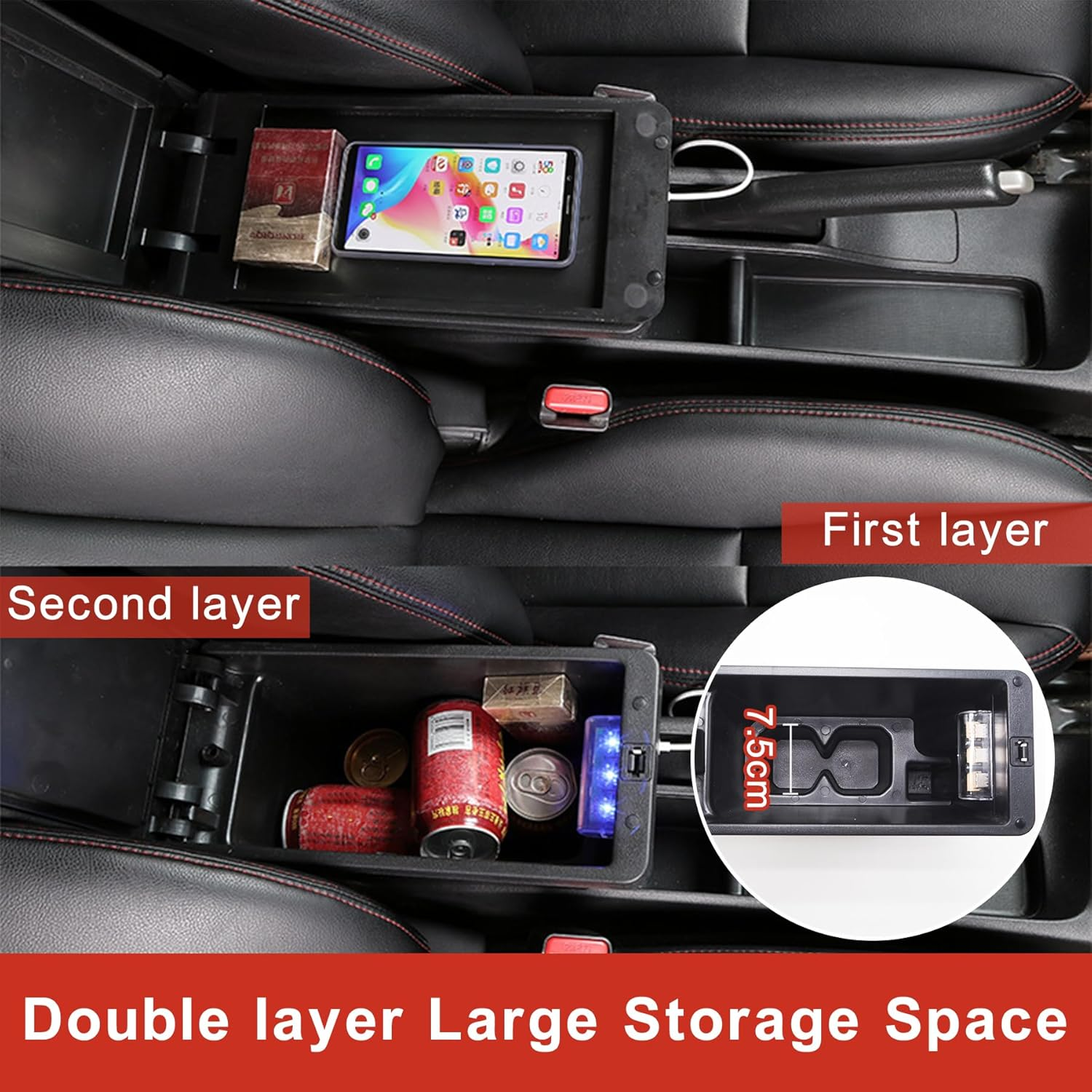 Car Armrest Box for Suzuki Jimny JB64W/JB74W 2018-2025, Adjustable Center Console Organizer Leather Armrest Pillow with Cup Holder, Double Layer Arm Rest Organizers Replacement Interior Accessories image number 3