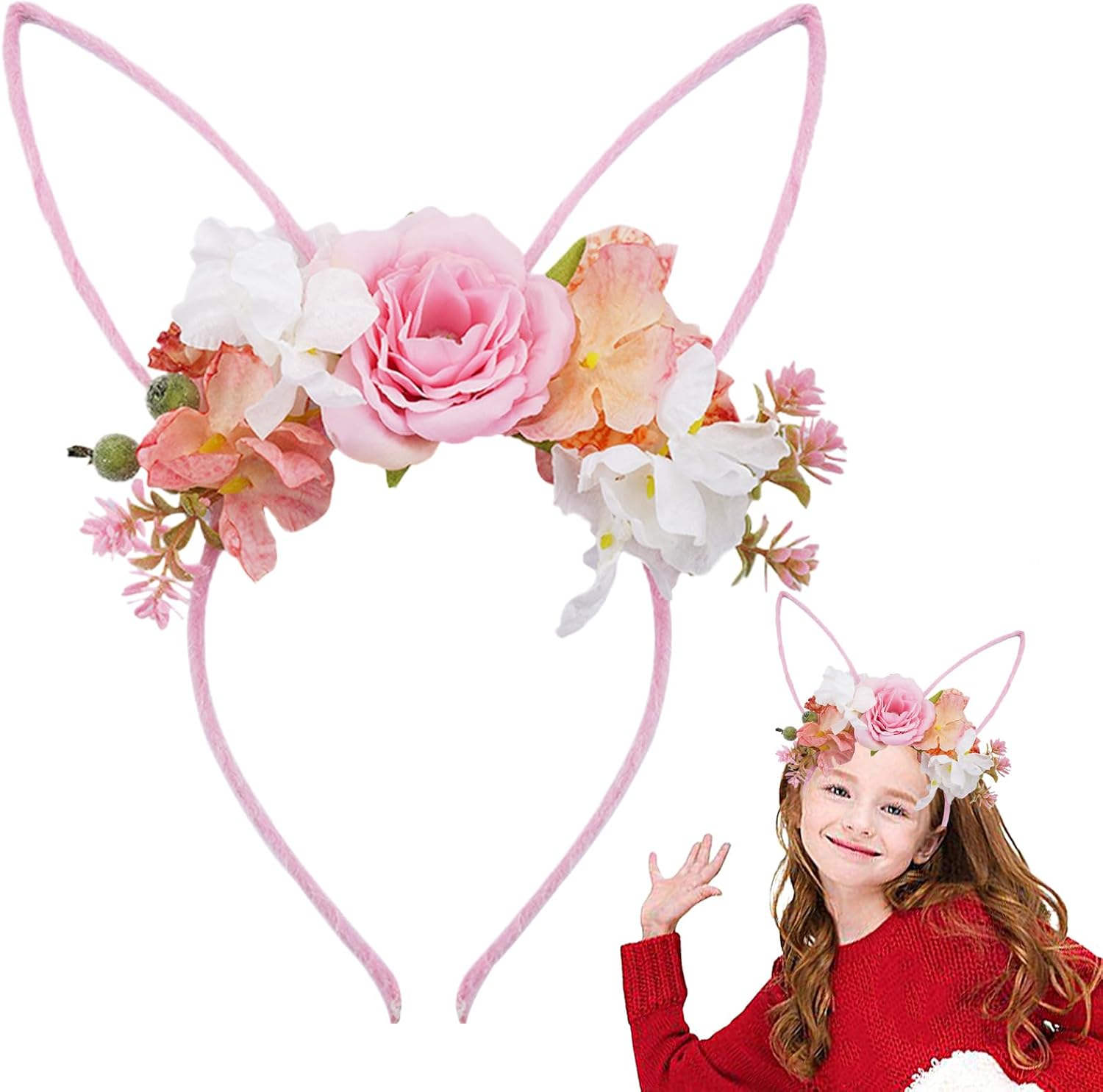 Bunny Ears Headbands | Headwear with Flowers - Easter Headband,For Christmas Halloween Party Valentine'S Day Women Costume Kids - White 1 image number 3