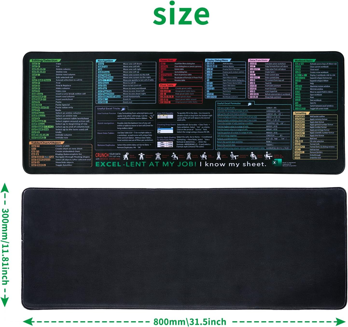 Excel Shortcut Mouse Pad - Extended Large Non-Slip Cheat Sheet Gaming Mousepad, 31.5''X11.81'' Desktop Mat for Office,Essential Computer Accessories & Office Desk Accessories for Workstations