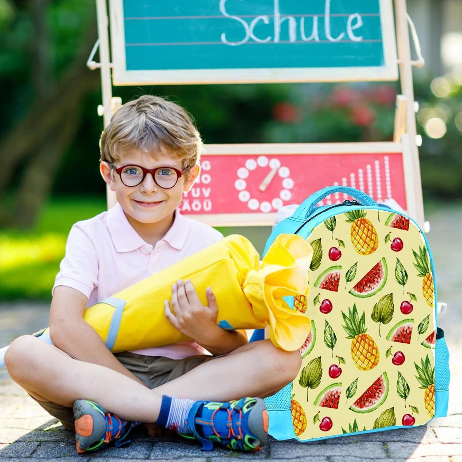 Blue Backpack Boy Bookbags Rucksack Men Travel Handbag Daypack Summer Fruit Watermelon Pineapple image number 3