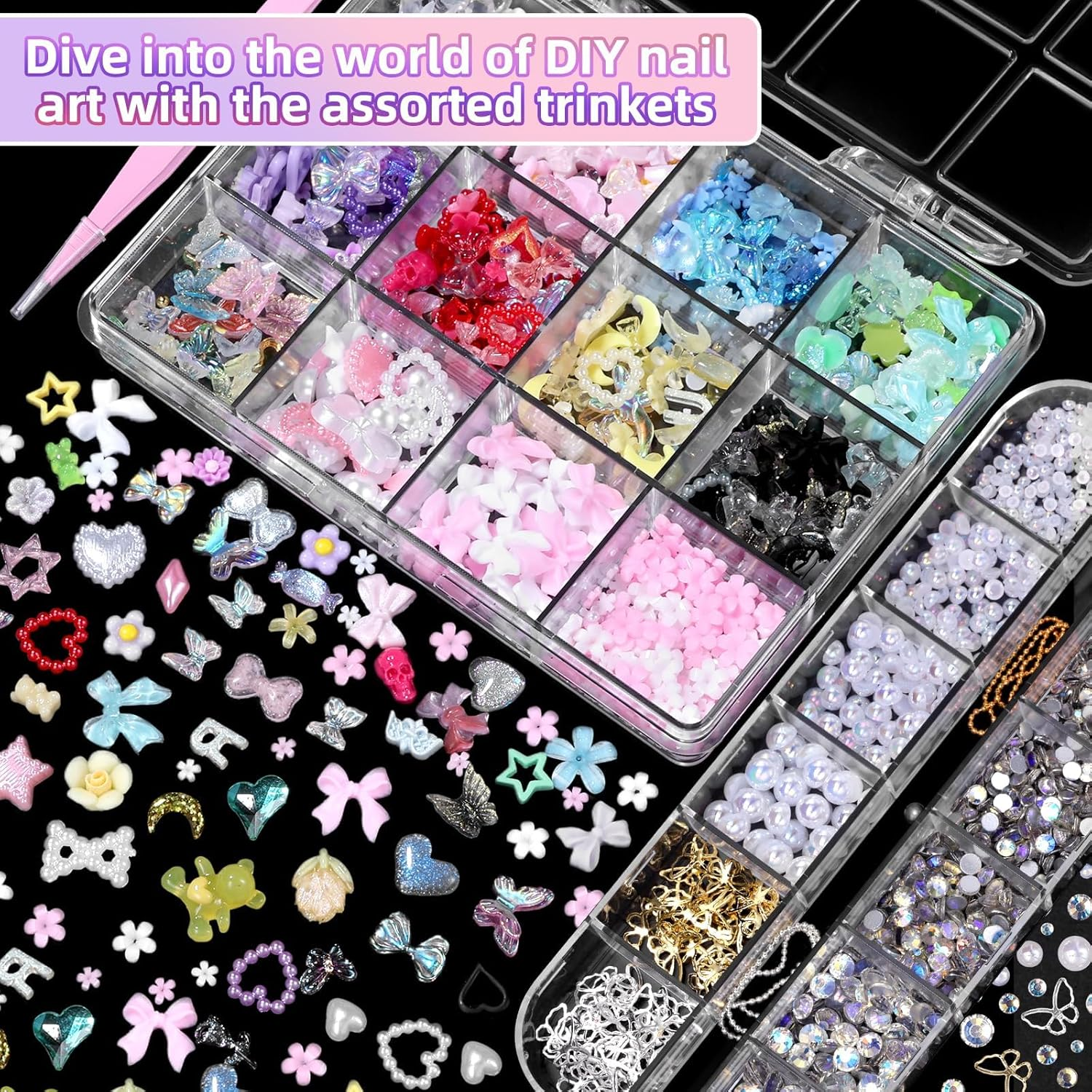3D Nail Charms Set, Color Butterfly Blossom Flower Bow Moon Heart Star Nail Art Charms, Half round Pearl+Flatback Gems Ab+Hollow Butterfly Alloy Nail Charms DIY Nail Art Supplies Accessories image number 2