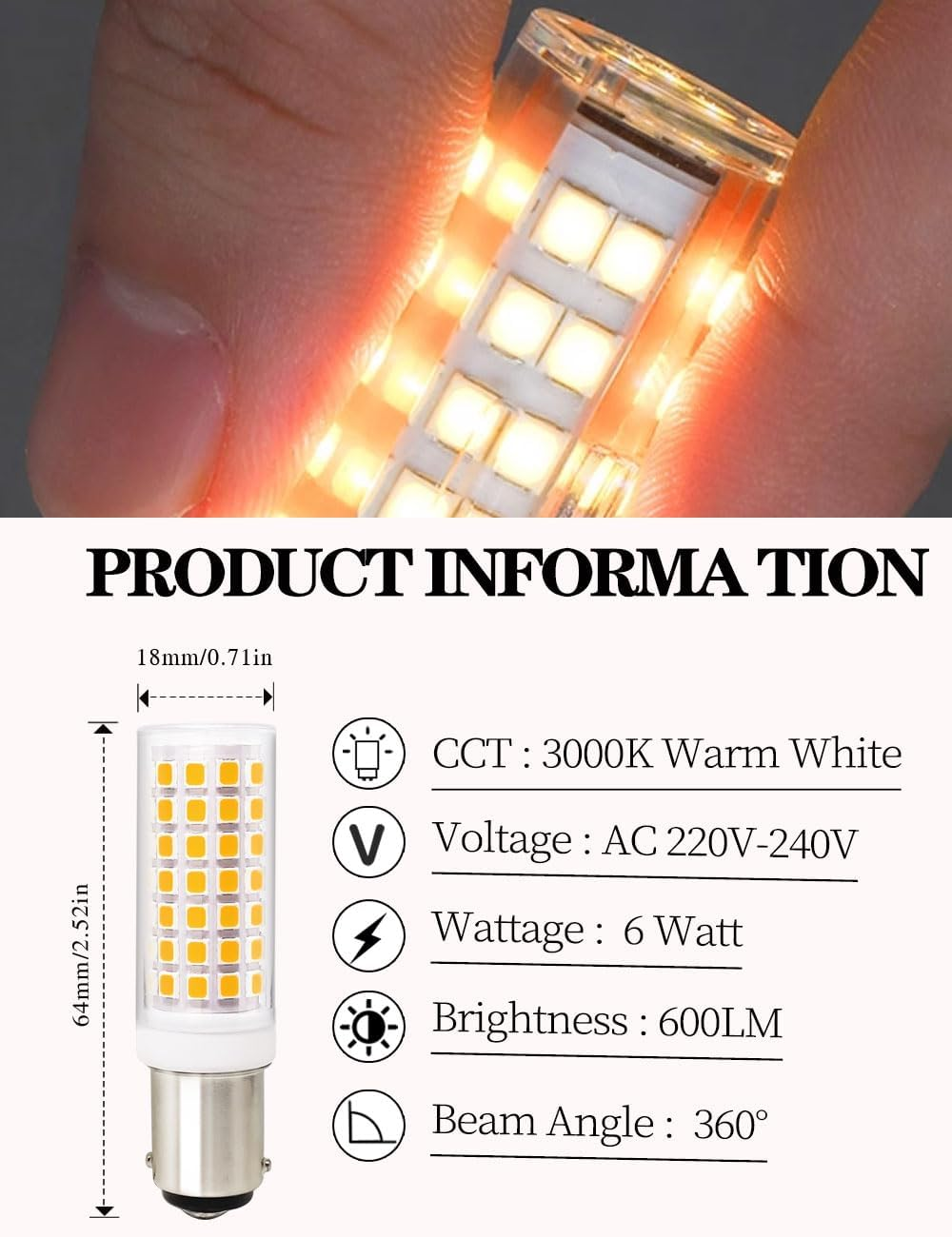 Wossluck AC 220V-240V LED B15D Special Lamp, 6W 60W Replacement, Warm White 3000K, Dimmable, Pack of 2 image number 5