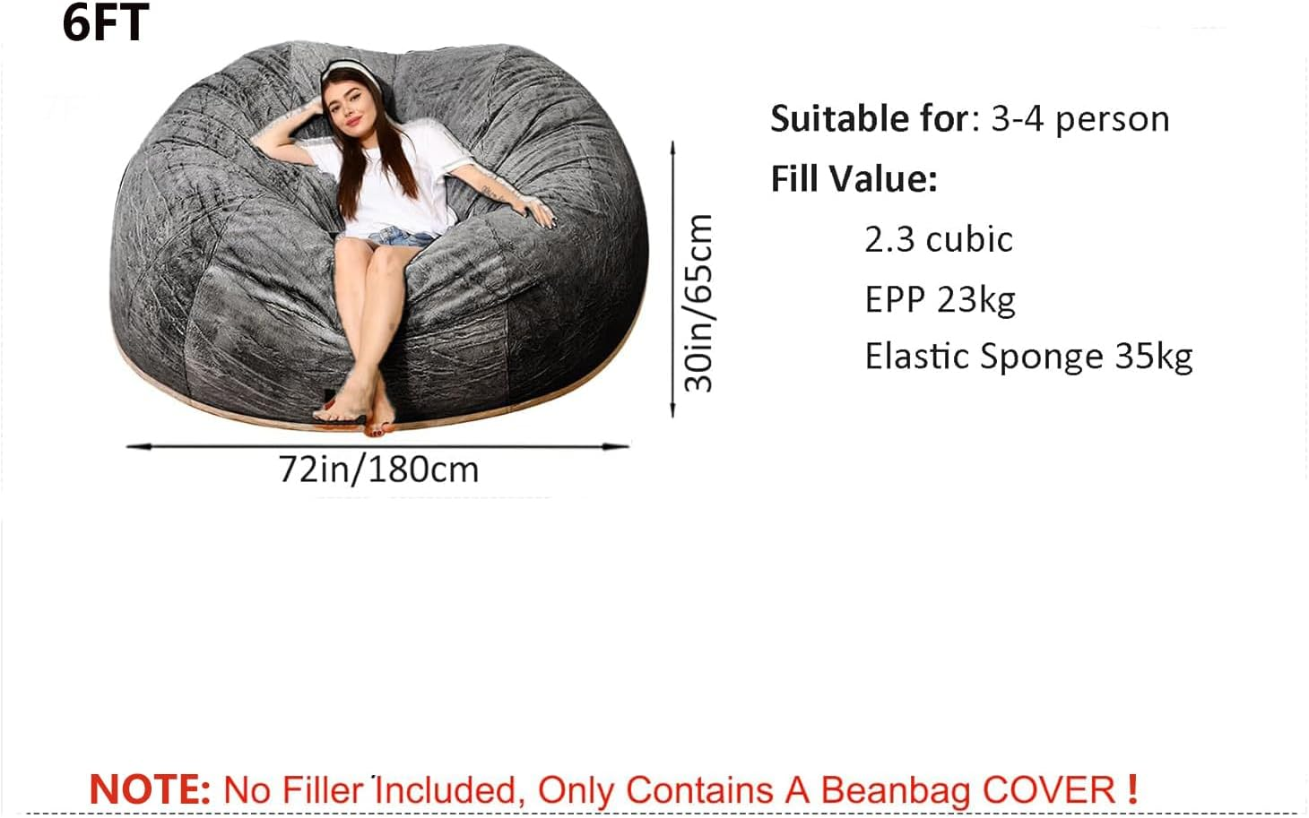 Bean Bag Chair Cover without Filler, Big round Soft Fluffy PV Velvet Washable Bean Bag Lazy Sofa Bed Cover for Adults,Living Room Bedroom Furniture Outside,180X65Cm, Black - Black image number 5