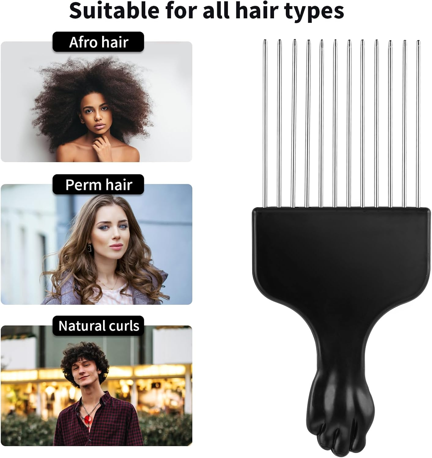 2 Pack Hair Picks for Afro, Curly Styling for Detangling and Styling, Hair Pick- Metal Hairdressing Tools for Women and Men (Black) image number 3