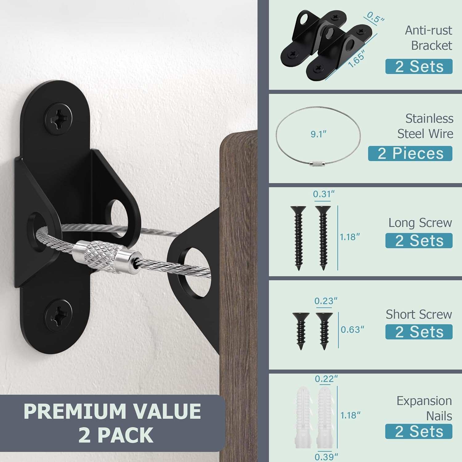 Furniture Anchors for Baby Proofing, anti Tip Furniture Wall Anchors, Metal Earthquake Straps, Cabinet to Wall, Dresser Wall Safety Anchor for Child Safety (Black, 2 Pack) image number 5