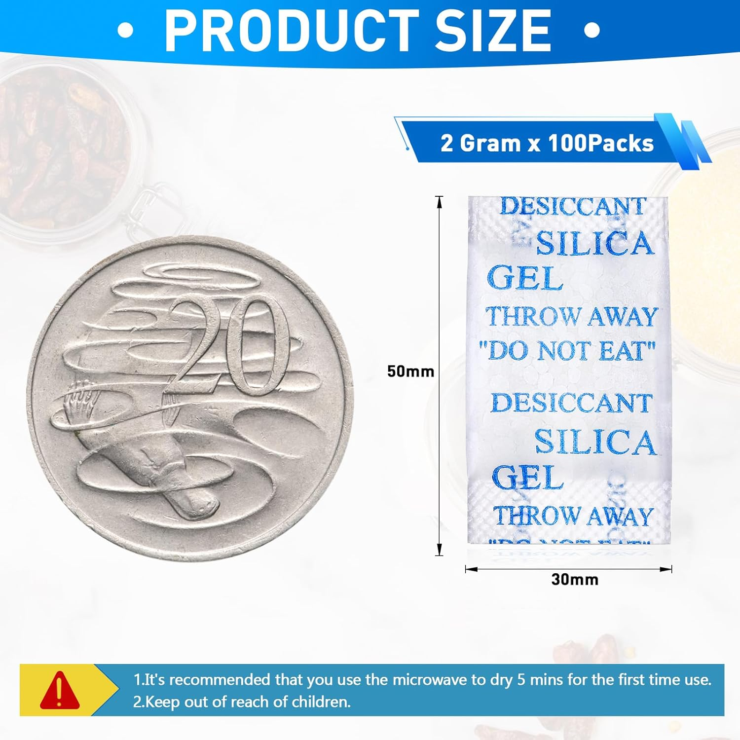 Yeather 2 Gram [100 Packets] Silica Gel Packets - Reusable Desiccant Moisture Absorbers Dehumidifiers for Spices, Jewelry, Shoeboxes, Electronics Storage (Food Safe) image number 6