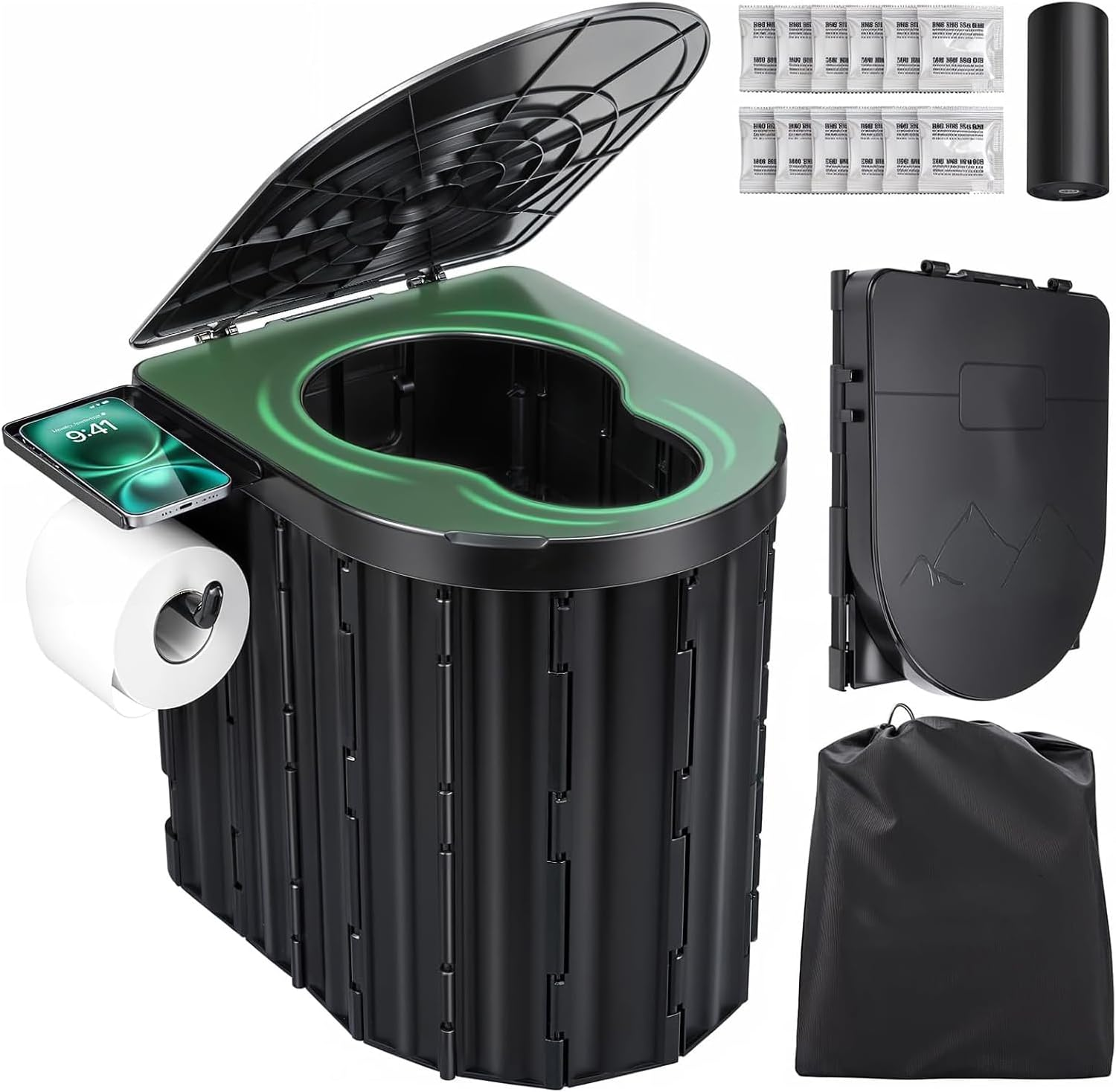 Sckee Portable Toilet for Adults, XL Portable Camping Toilet, Black Leather & Density Board, 16.5 Inch High, Floor Mounted, Multifunctional, Easy to Clean & Store