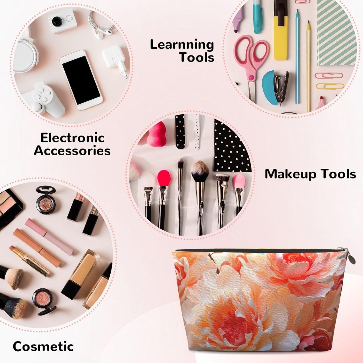 SDTYKHJ Large Capacity Makeup Bag for Women, Waterproof Portable Shaving Bag, Small Toiletry Bag, Peach Peony, Leather, Travel Cosmetic Organizer Bags, Gold, One Size image number 4