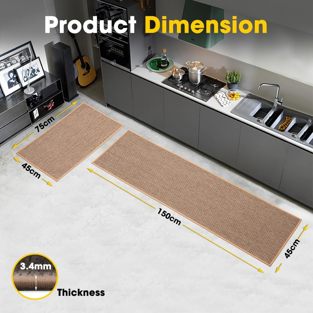 ZUNI 2PCS Kitchen Rugs and Mats, Cushioned Non Slip Rugs, Absorbent Runner Rugs Comfort Standing Mats Washable for Kitchen, Floor, Office, Home (45X150, 45X75Cm, Beige) - Black image number 6