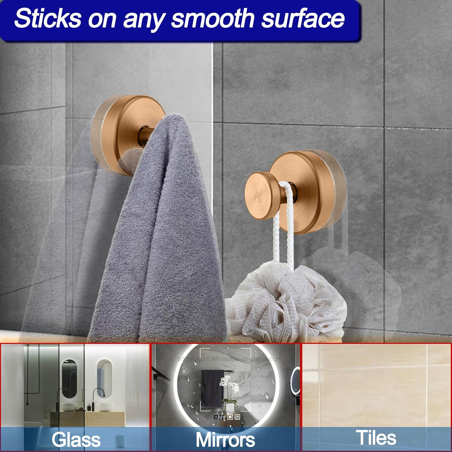 Suction Cup Hooks for Shower, Removable Towel Hooks for Bathroom Window Glass Door Wall, Bath Robe Looafh Wreath Hook for Hanging - 2 Pack, Champagne Bronze image number 2