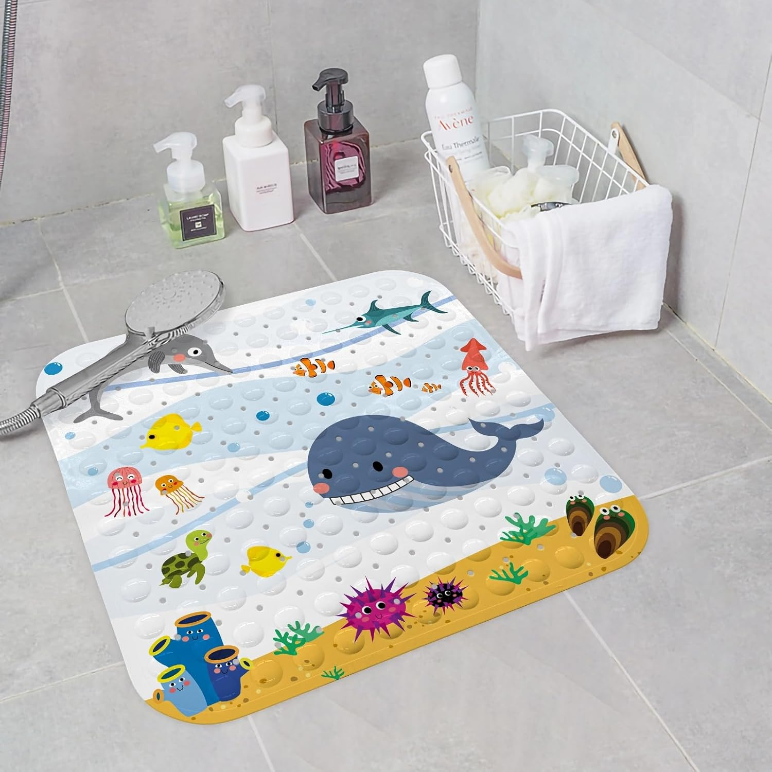 Square Non-Slip Bath Mat for Tub & Shower, 54X54 Cm (21"X21") Soft PVC Floor Mat with Drain Holes, Quick-Dry Antibacterial Bathtub Safety Mat for Kids, Elderly, Adults，Machine Washable（Dolphin Design） image number 1