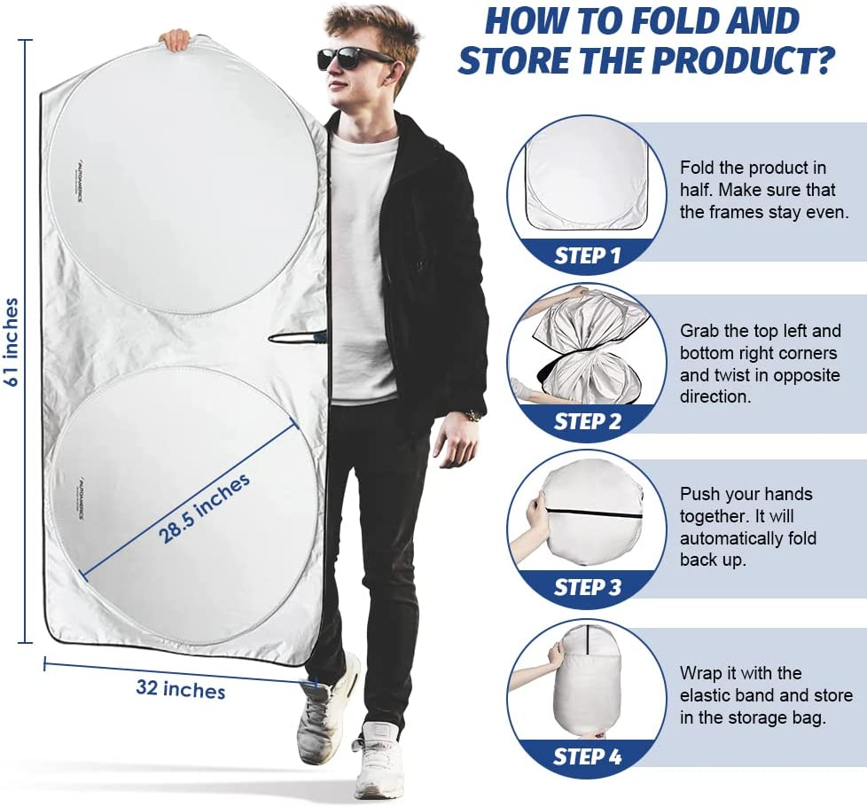 Car Windshield Sun Shade Foldable Car Sunshades for Front Window Polyester Sun Shield for Reflecting UV Rays and Sun Heat Protection