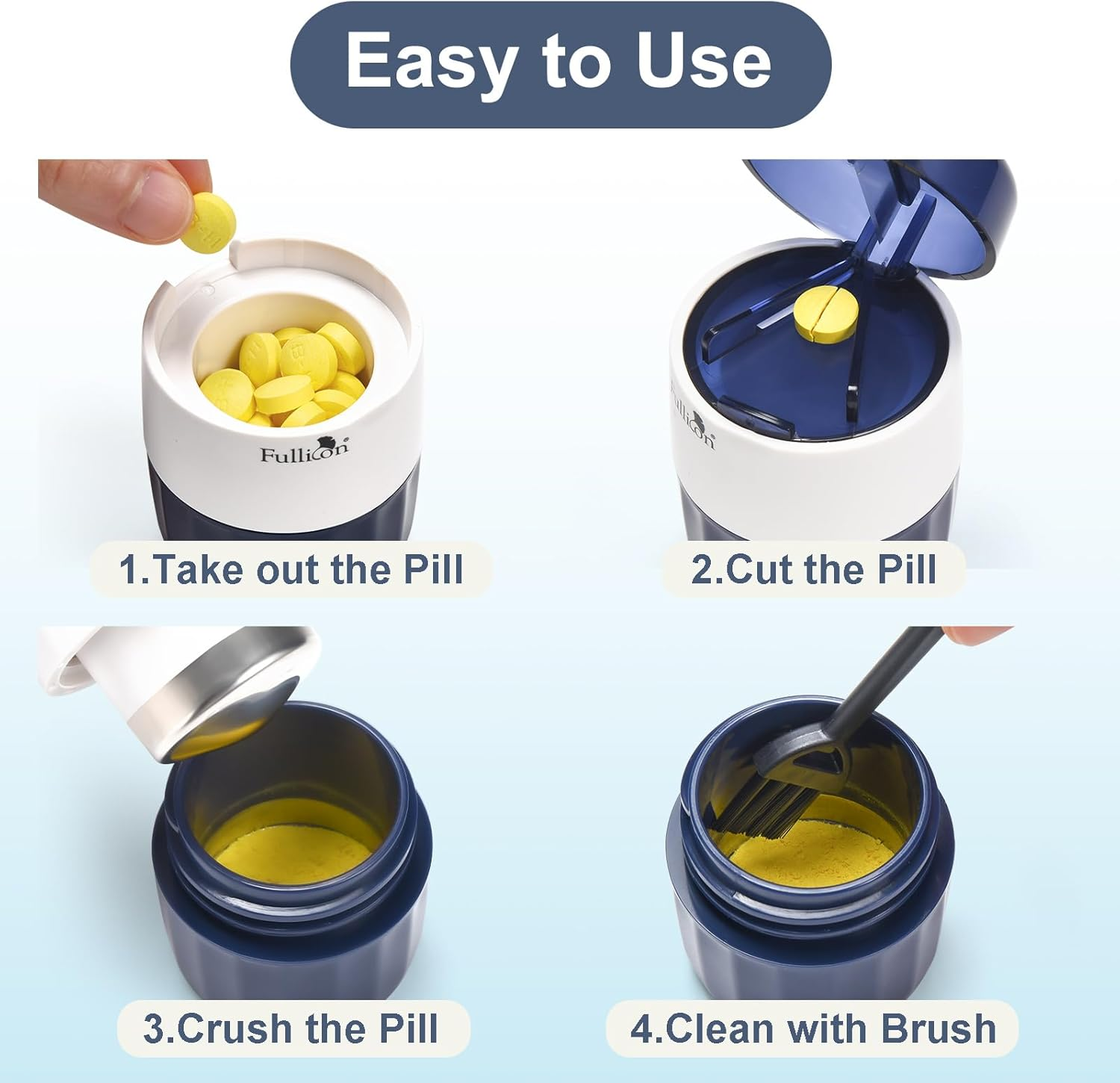 Fullicon 3 in 1 Pill Crusher Fine Powder with Stainless Steel Grinding Head, Pill Grinder for Elderly & Pet, Pill Cutter Splitter with Storage, Pill Cutter Splitter for Small and Tiny Pills with Free Brush (Indigo) image number 3