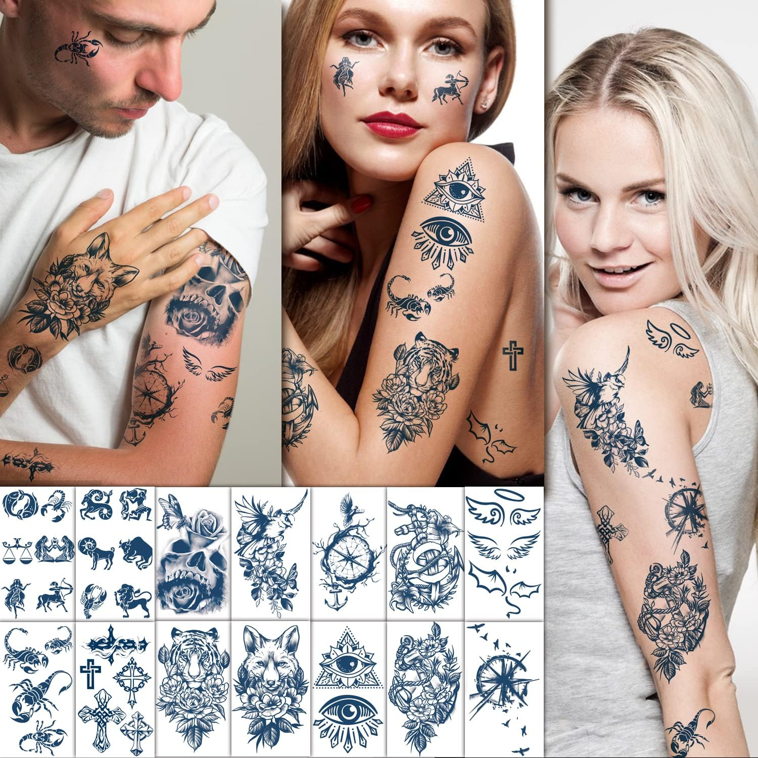 18 Sheets of Semi-Permanent Tattoos for Women, 4 Sheets of Large Flowers, Dark Blue Fake Tattoos and 14 Sheets of Small Tattoos for 1-2 Weeks, Waterproof Temporary Tattoo image number 3