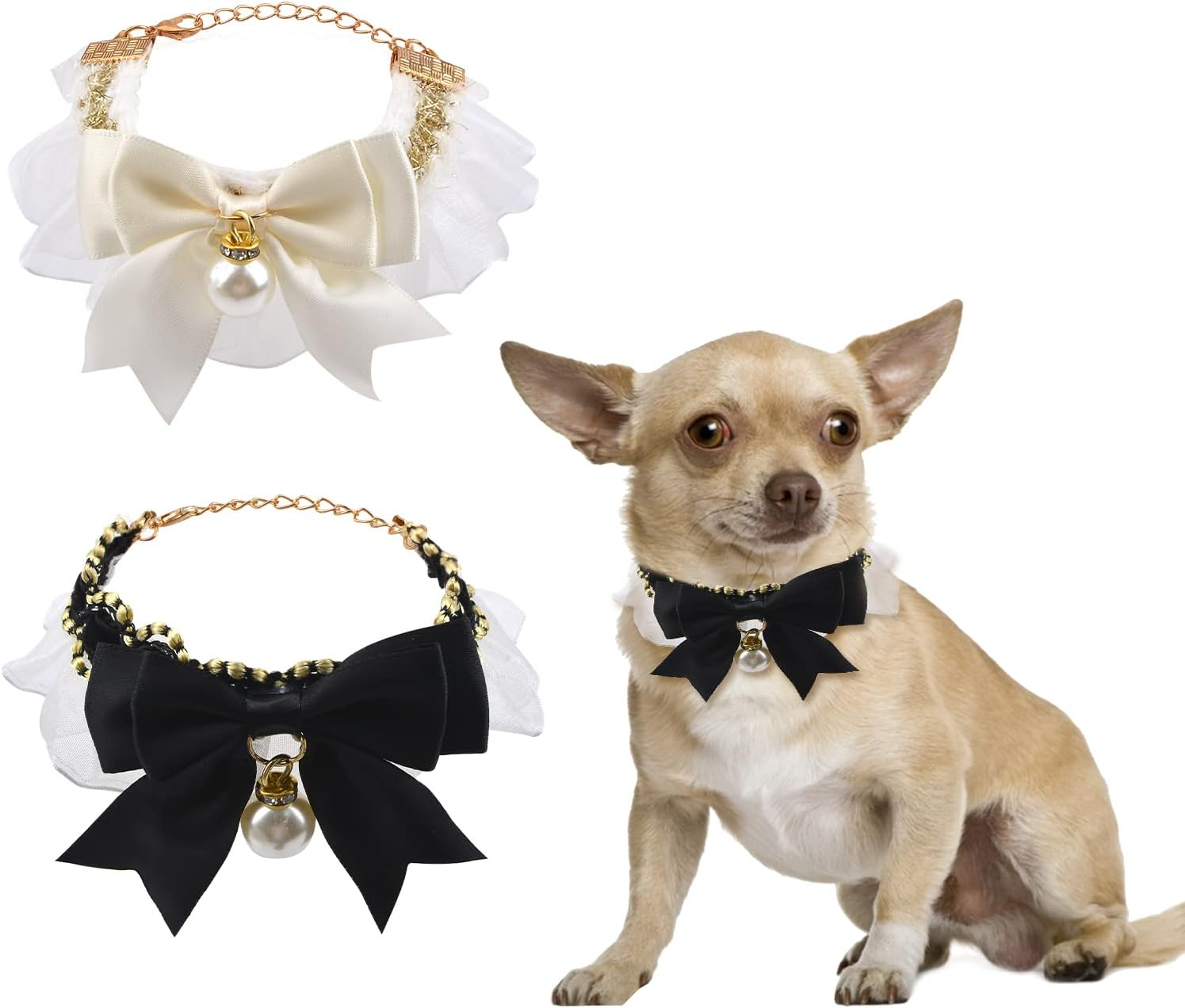 HACRAHO Pet Lace Collar, 2 Pieces Adjustable with Cute Pearl Pendant Elastic Black White Lovely Lace Collar for Cat Dog image number 5